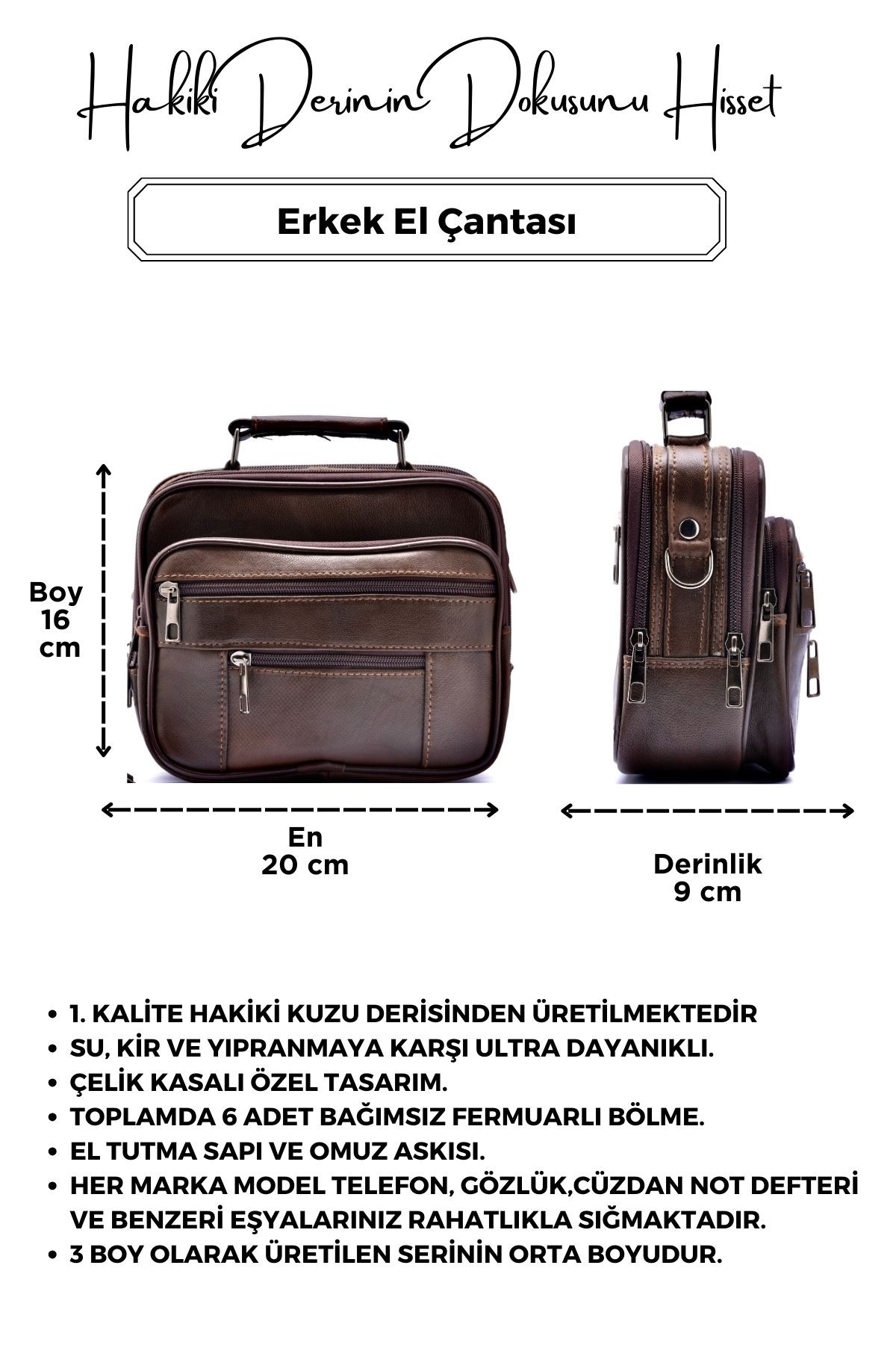 Erkek Kahverengi Yatay Model Çelik Kasalı Hakiki Deri El Ve Omuz Çantası ( Orta Boy)