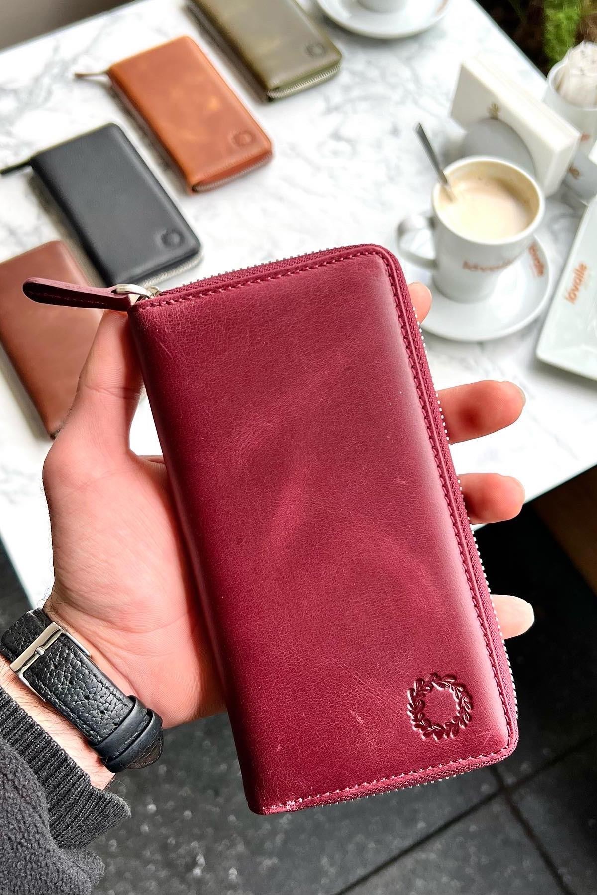 Leo Antik Bordo Hakiki Deri Telefon Bölmeli Cüzdan
