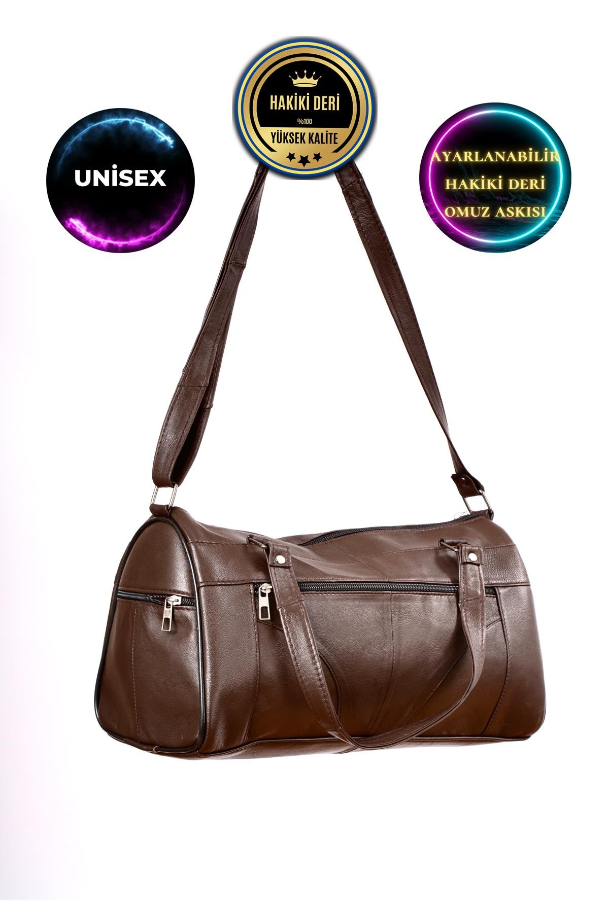 Unisex Hakiki Deri Kahverengi Silindir Model El ve Omuz Çantası