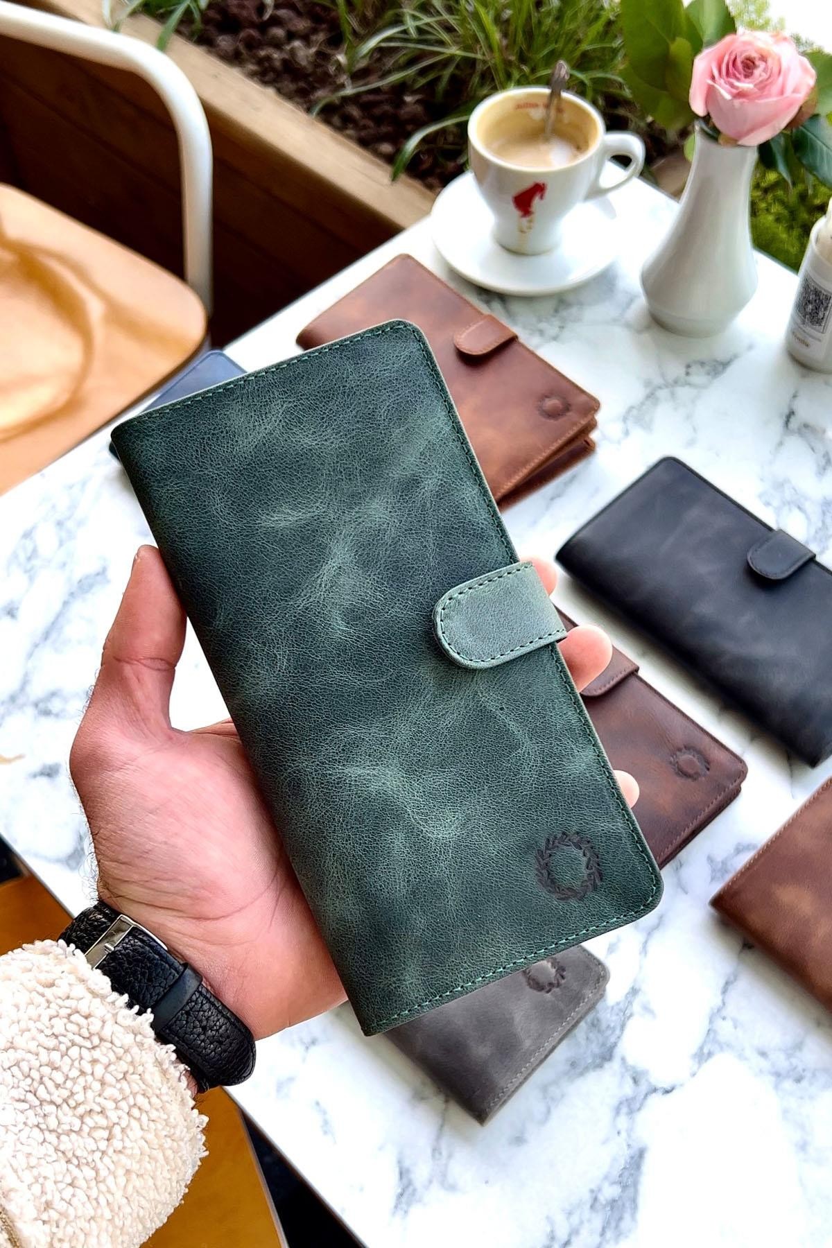 Lotus Vintage Yeşil Hakiki Deri Telefon Gözlü Cüzdan Unisex