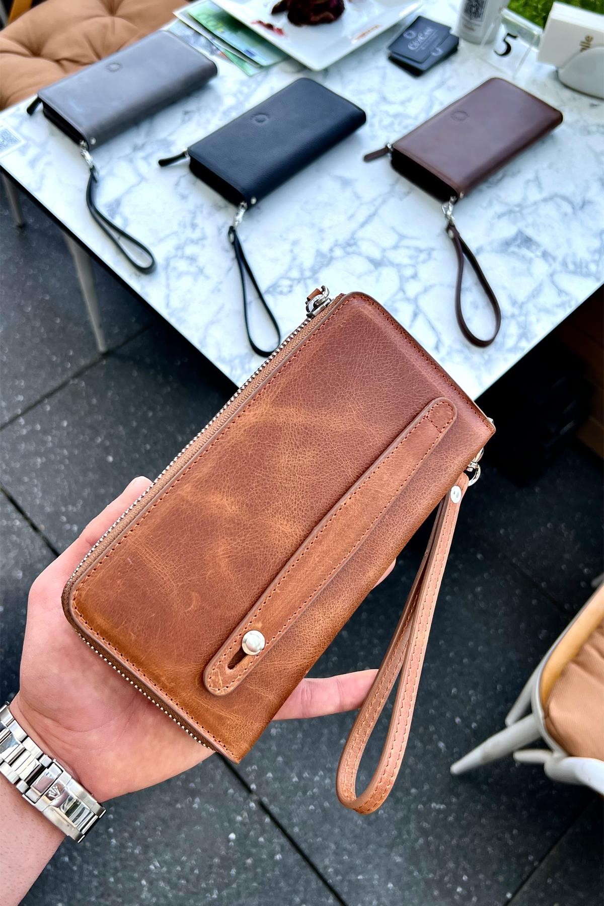 Swany Antik Taba Hakiki Deri Tek Fermuarlı Telefon Cüzdanı El Çantası