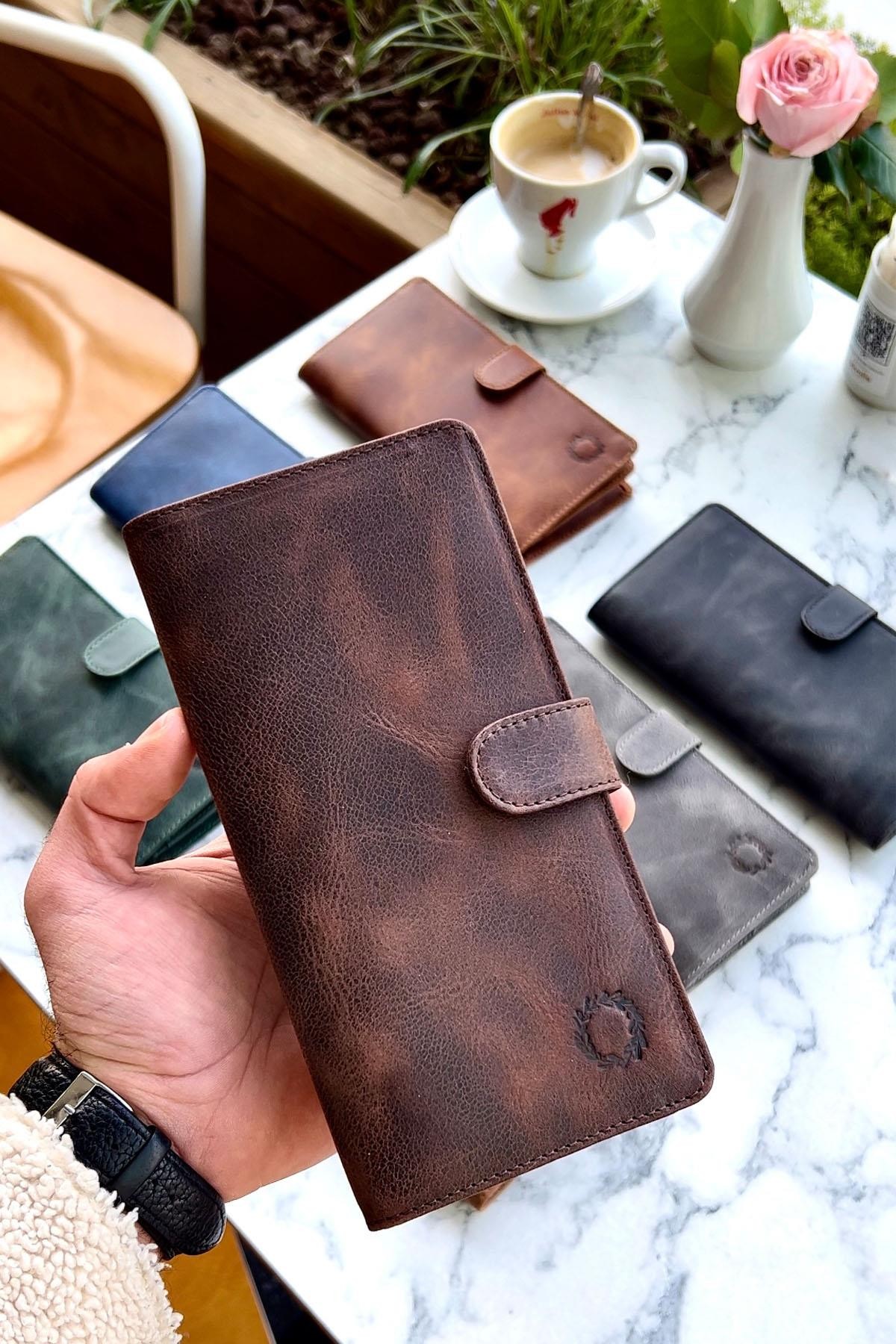 Lotus Vintage Kahve Hakiki Deri Telefon Gözlü Cüzdan Unisex