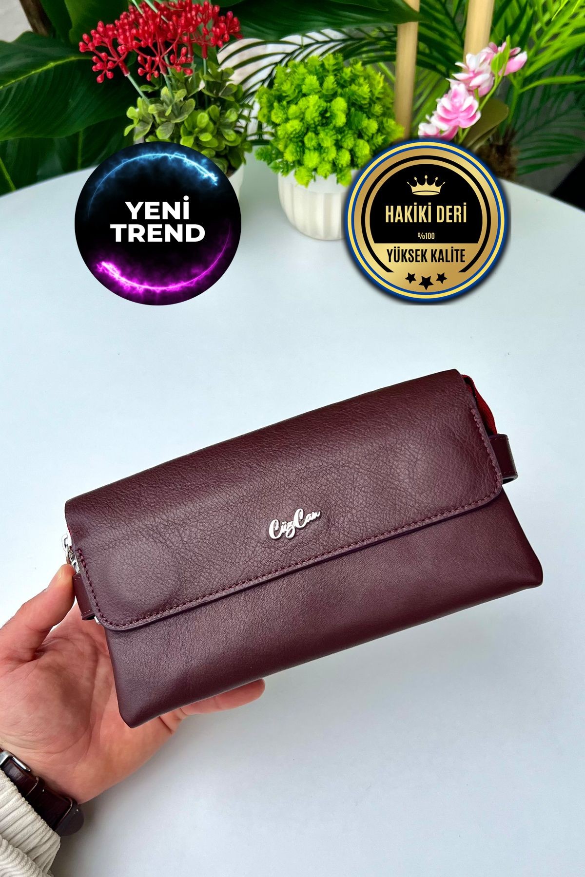 BOSS Hakiki Deri Mıknatıslı Erkek El Çantası - bordo