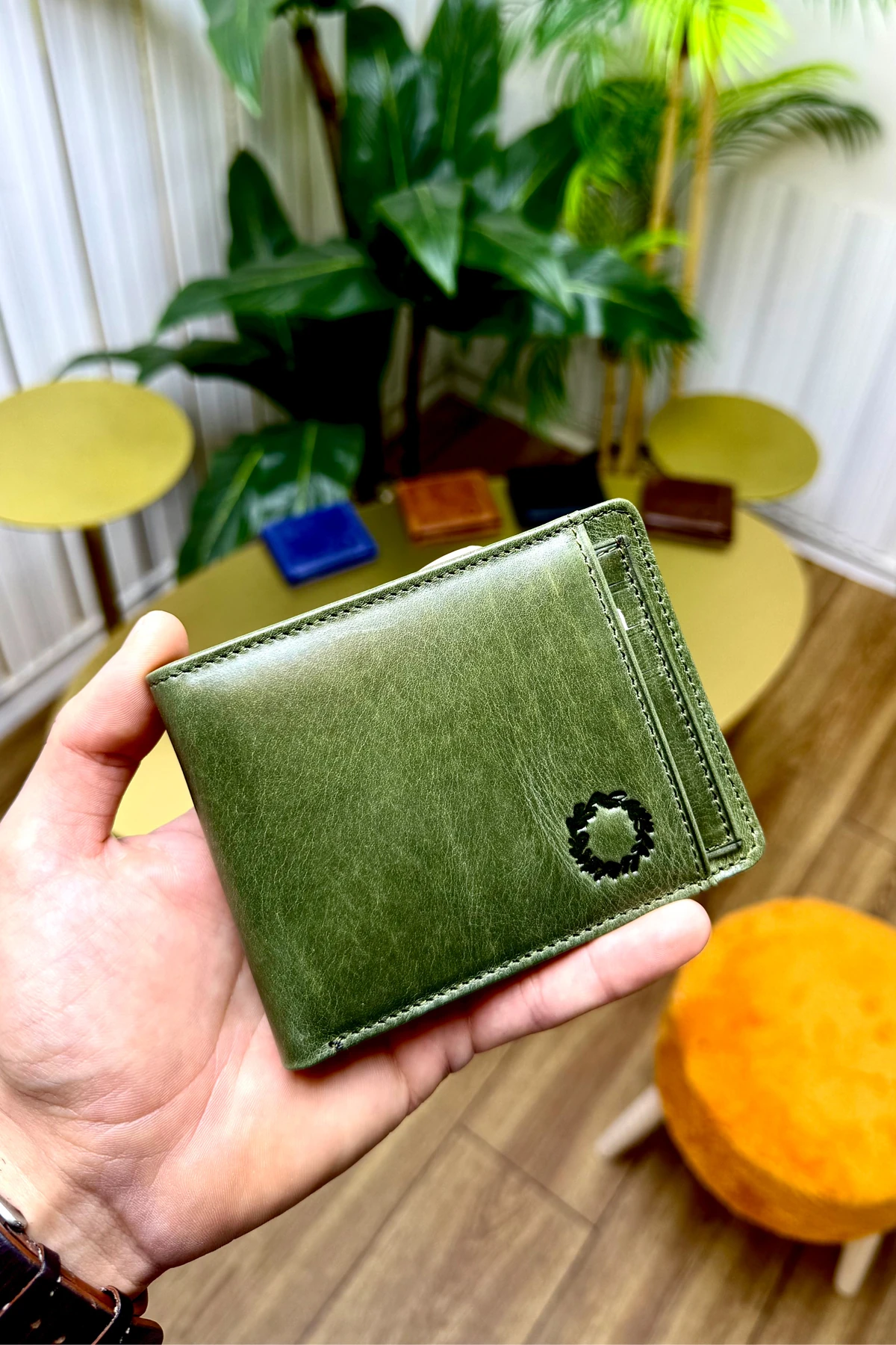 M.UTD Antik Yeşil Hakiki Deri Kartlık Hediyeli Cüzdan - Kişiye Özel İsim Baskılı