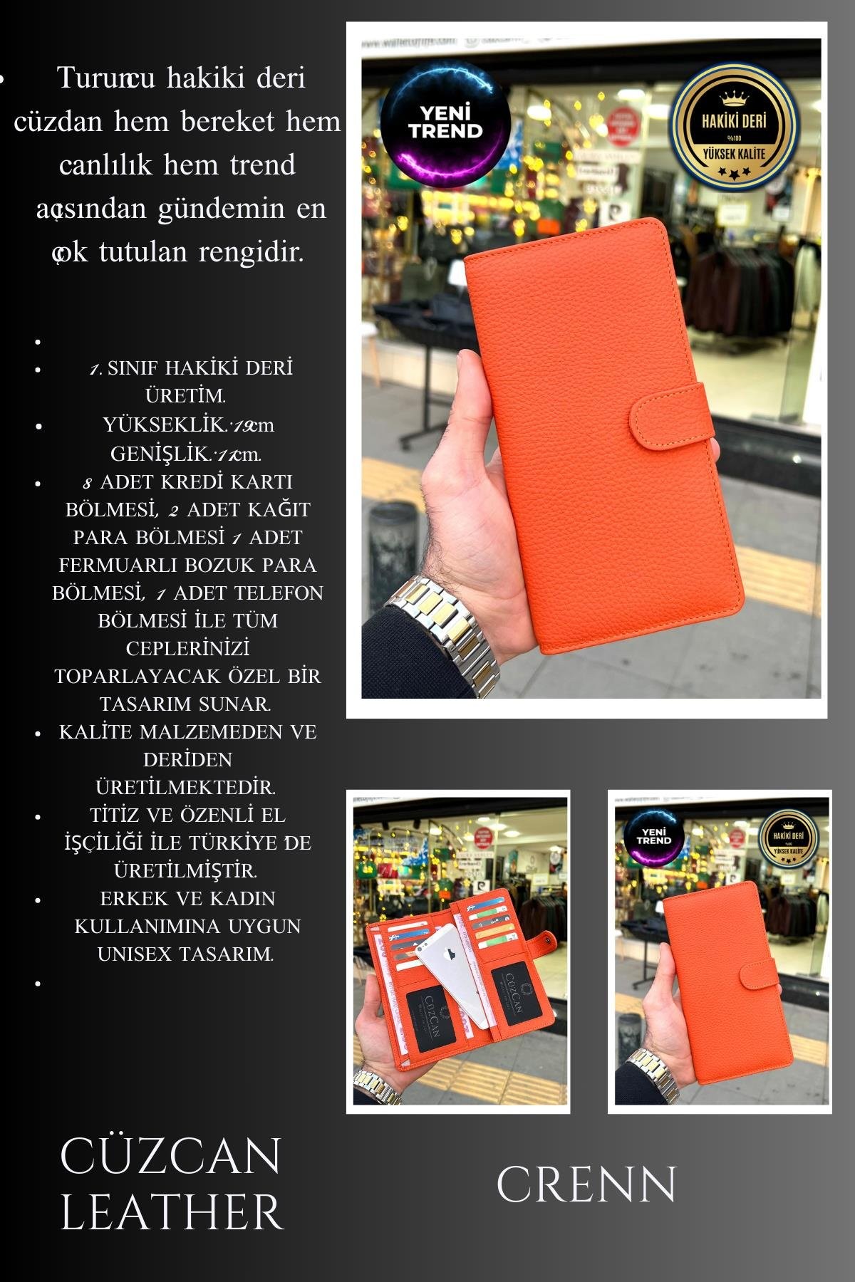 Creen Turuncu Unisex Hakiki Deri Bozuk Para Bölmeli Telefon Gözlü Cüzdan (ERKEK-KADIN)