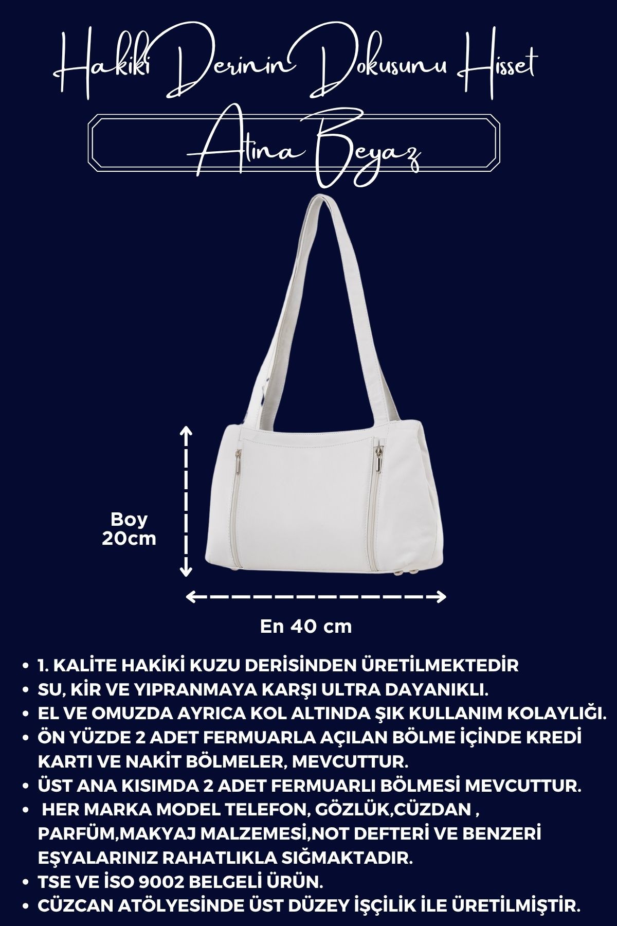 Atina Beyaz Hakiki Deri Kadın El Omuz ve Kol Çantası