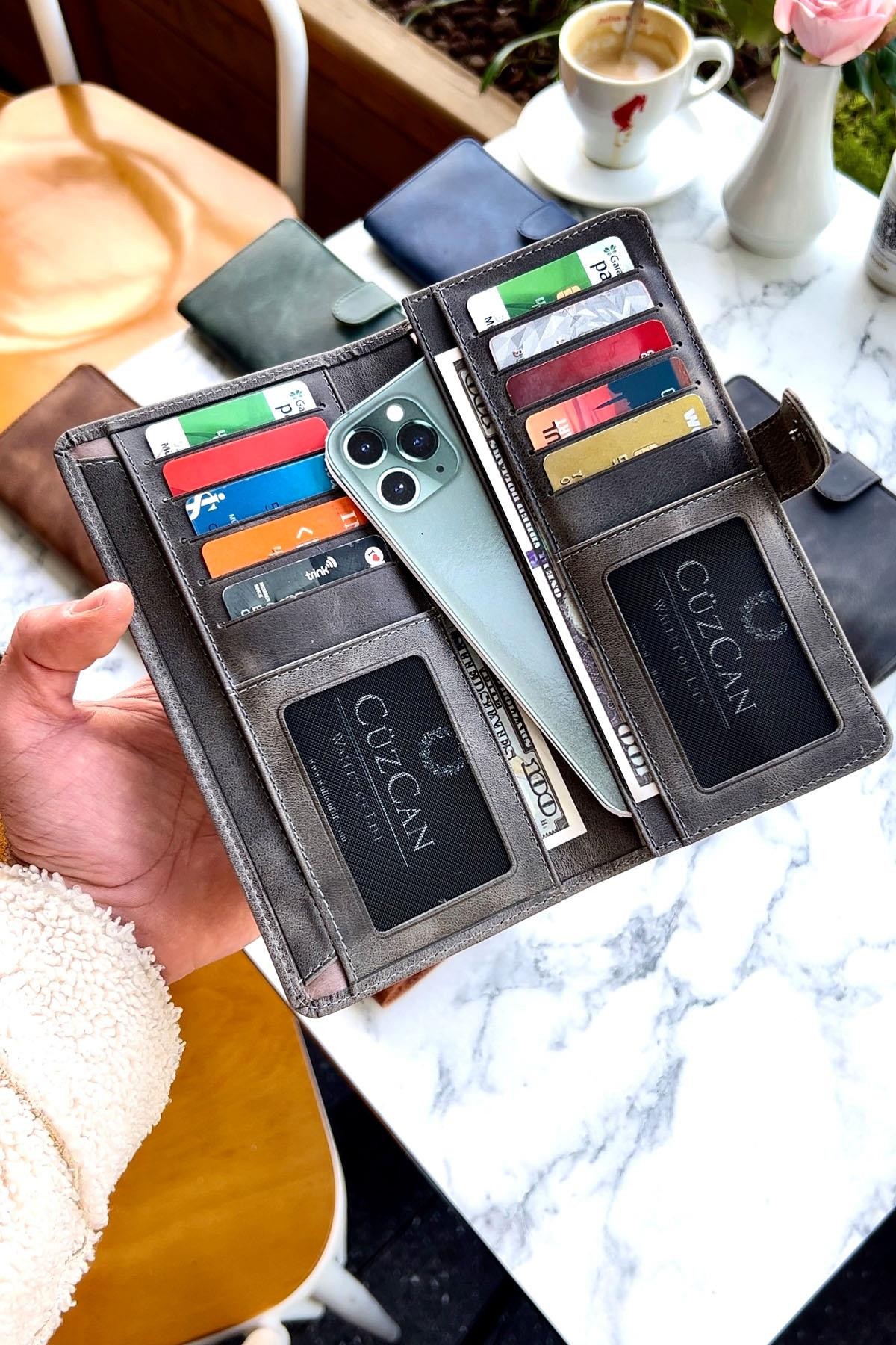 Lotus Vintage Gri Hakiki Deri Telefon Gözlü Cüzdan Unisex