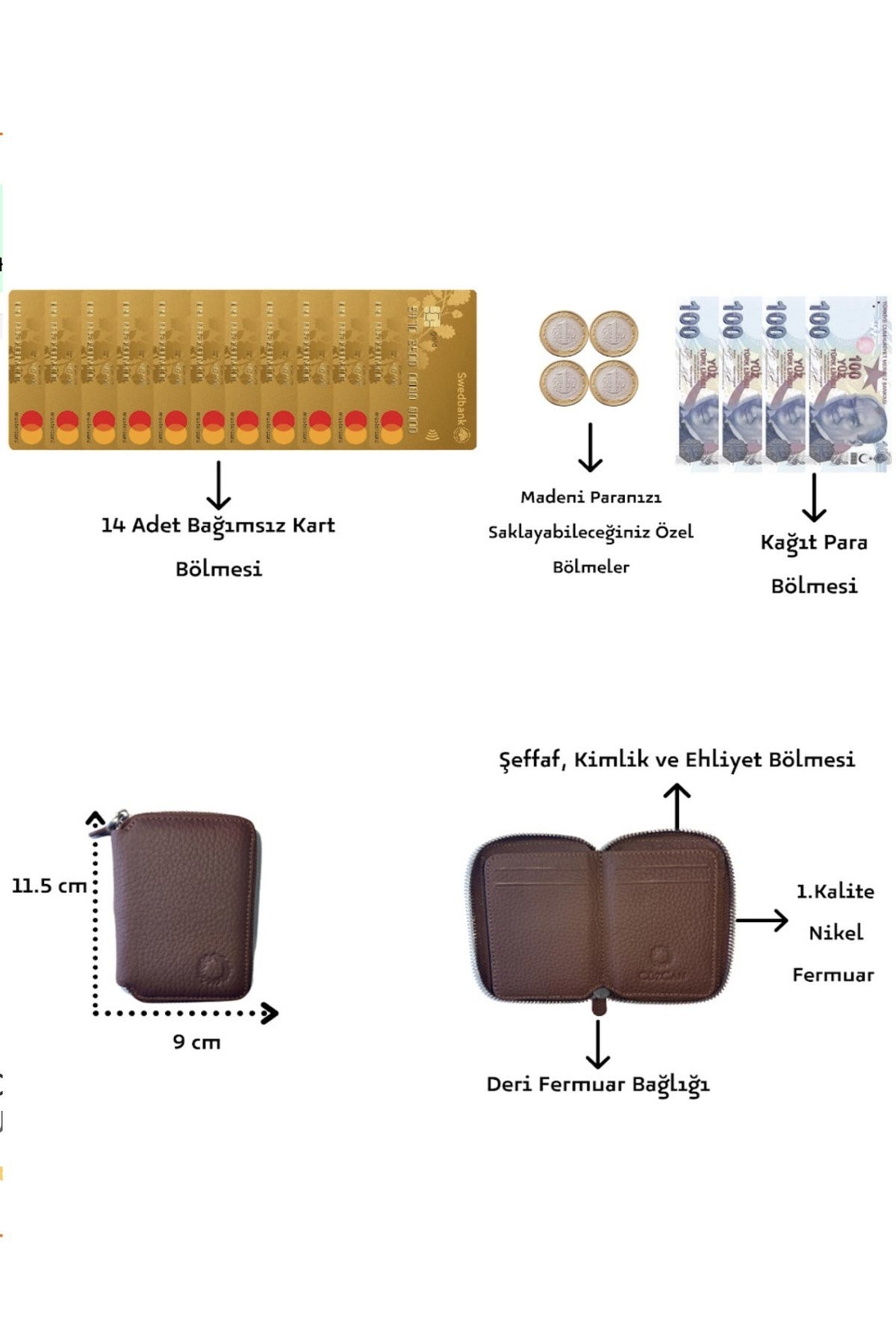 Mini Petty Kahve Unisex Fermuarlı Cüzdan