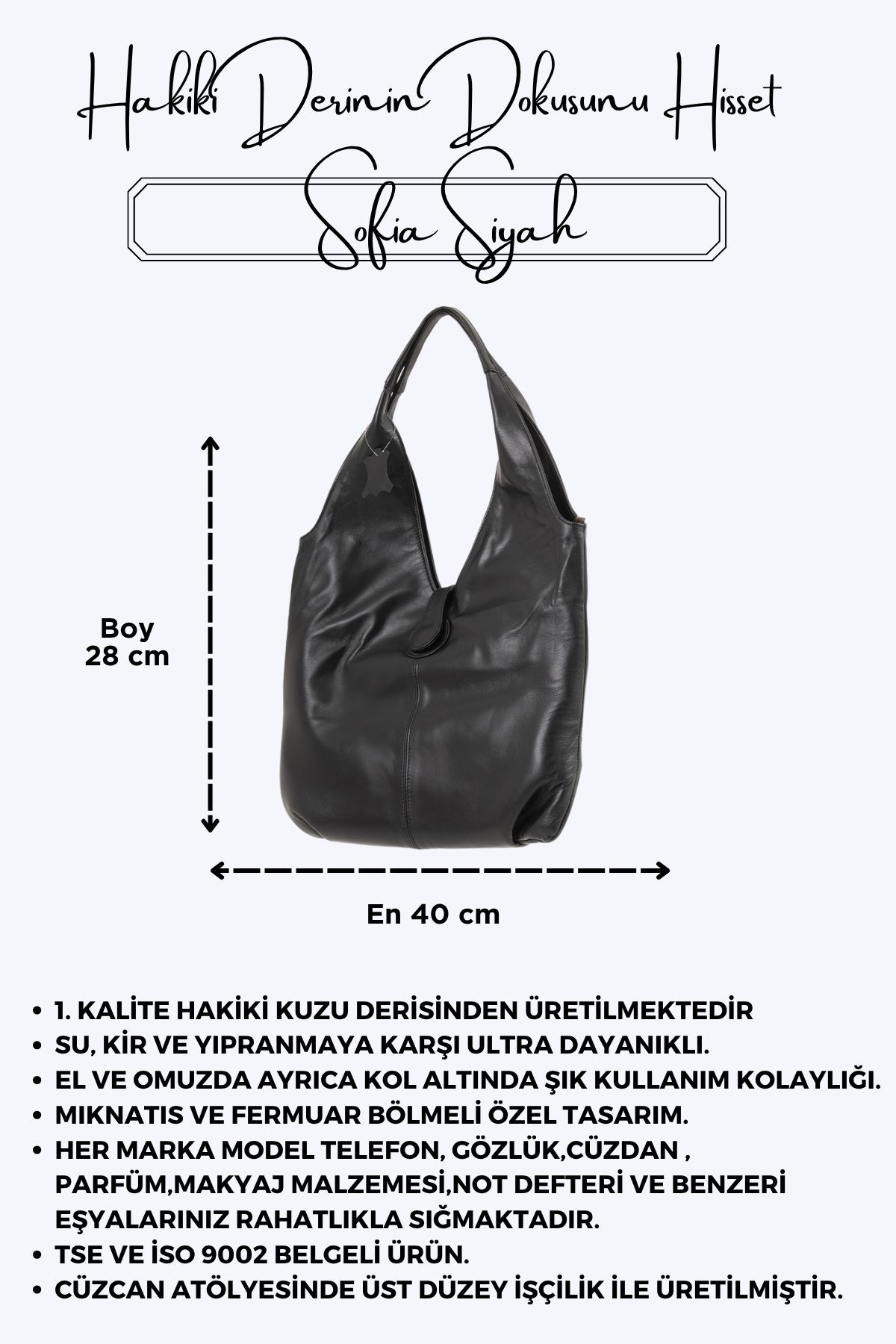 Sofia Siyah Hakiki Deri Kadın El Omuz ve Kol Çantası
