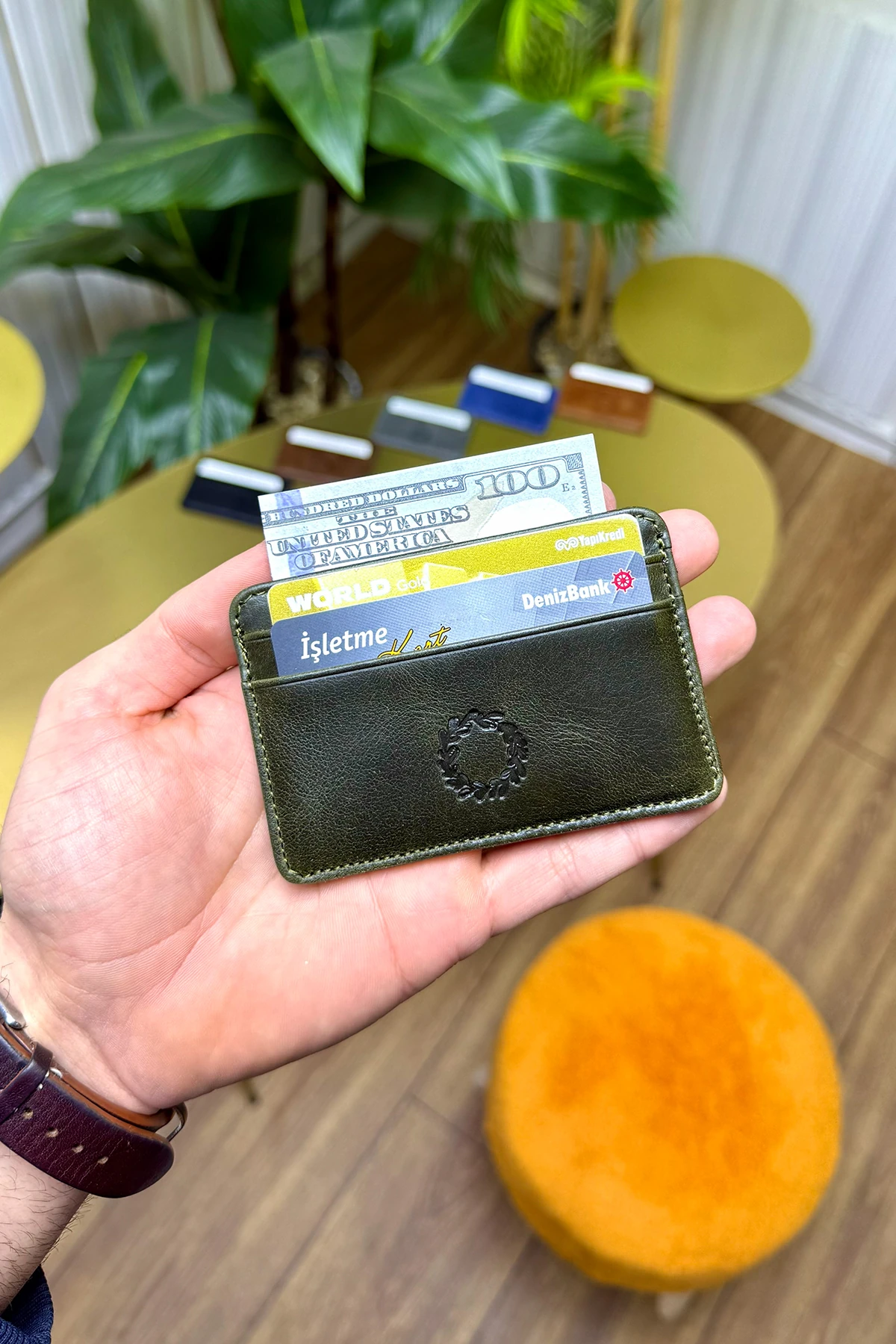 Unisex Antik Yeşil Mini Design Hakiki Deri Kartlık Cüzdan