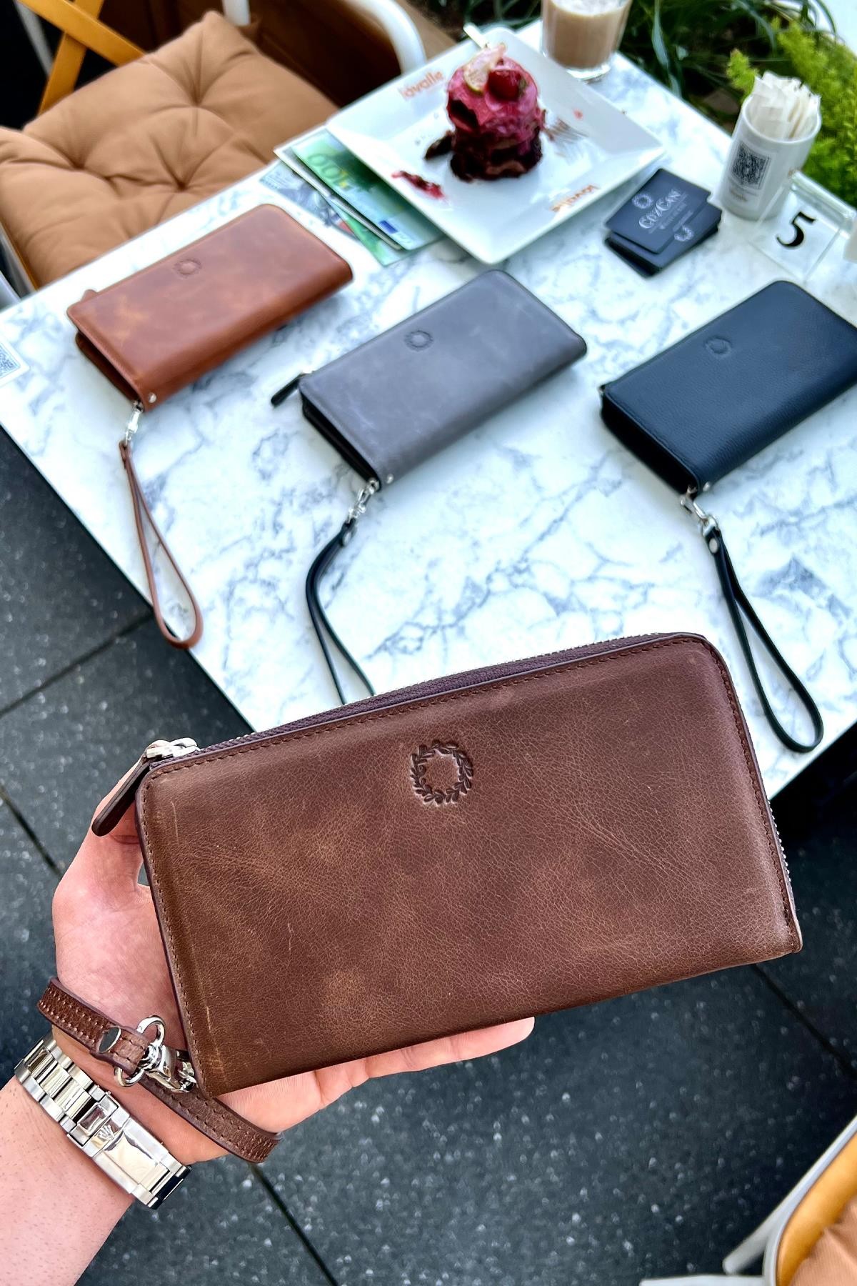 Swany Antik Kahve Hakiki Deri Tek Fermuarlı Telefon Cüzdanı El Çantası