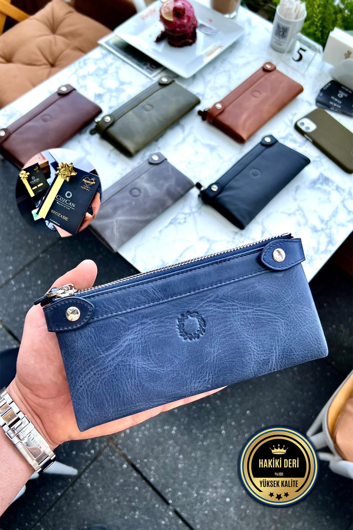 Unisex Antik Lacivert  Çift Fermuarlı Hakiki Deri El Cüzdanı