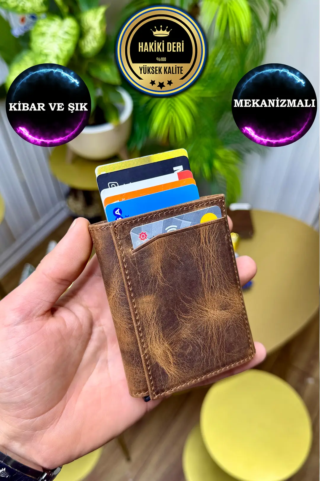 Unisex Eskitme Taba Hakiki Deri Mekanizmalı Kartlık Cüzdan