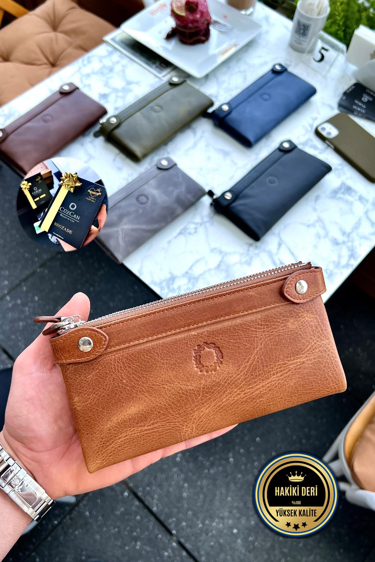 Unisex Crazy Taba Çift Fermuarlı Hakiki Deri El Cüzdanı