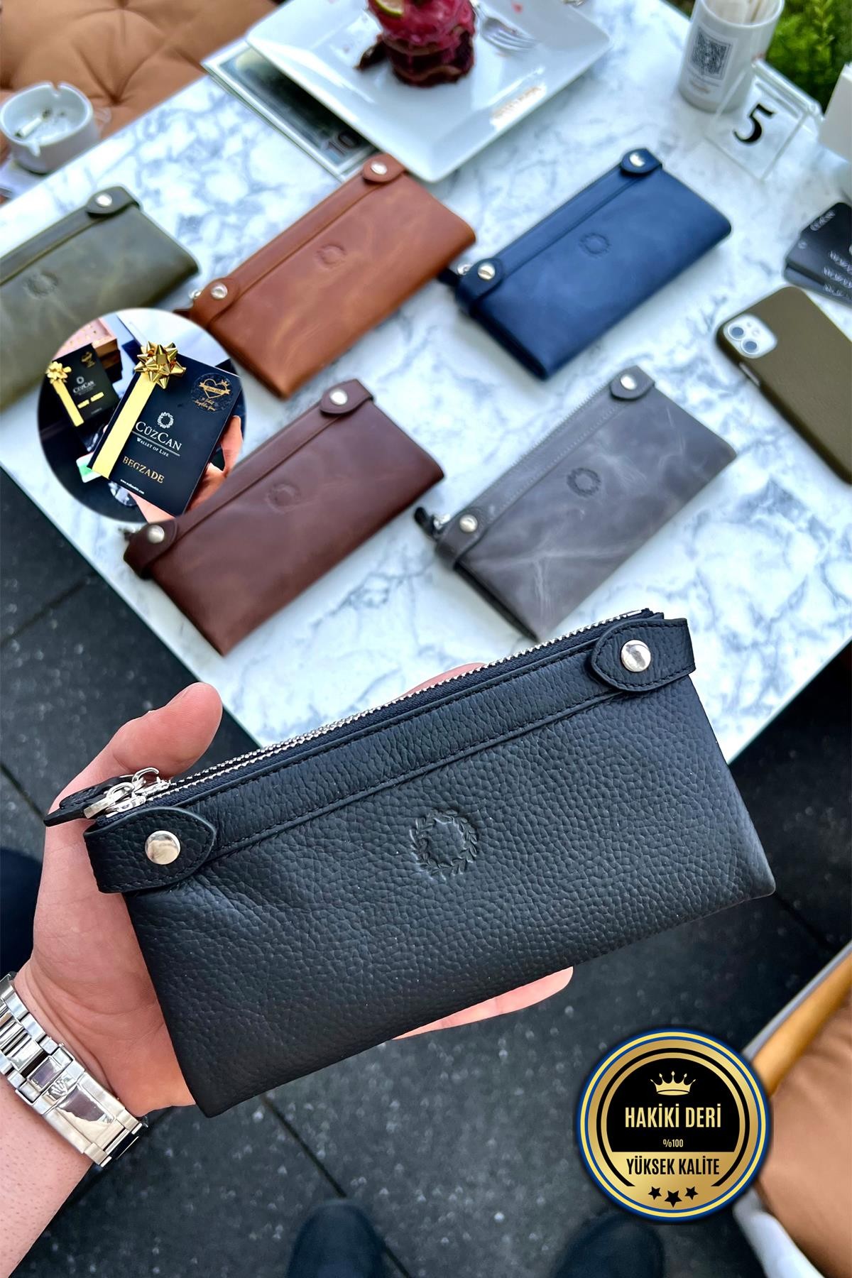 Unisex Siyah Çift Fermuarlı Hakiki Deri El Cüzdanı