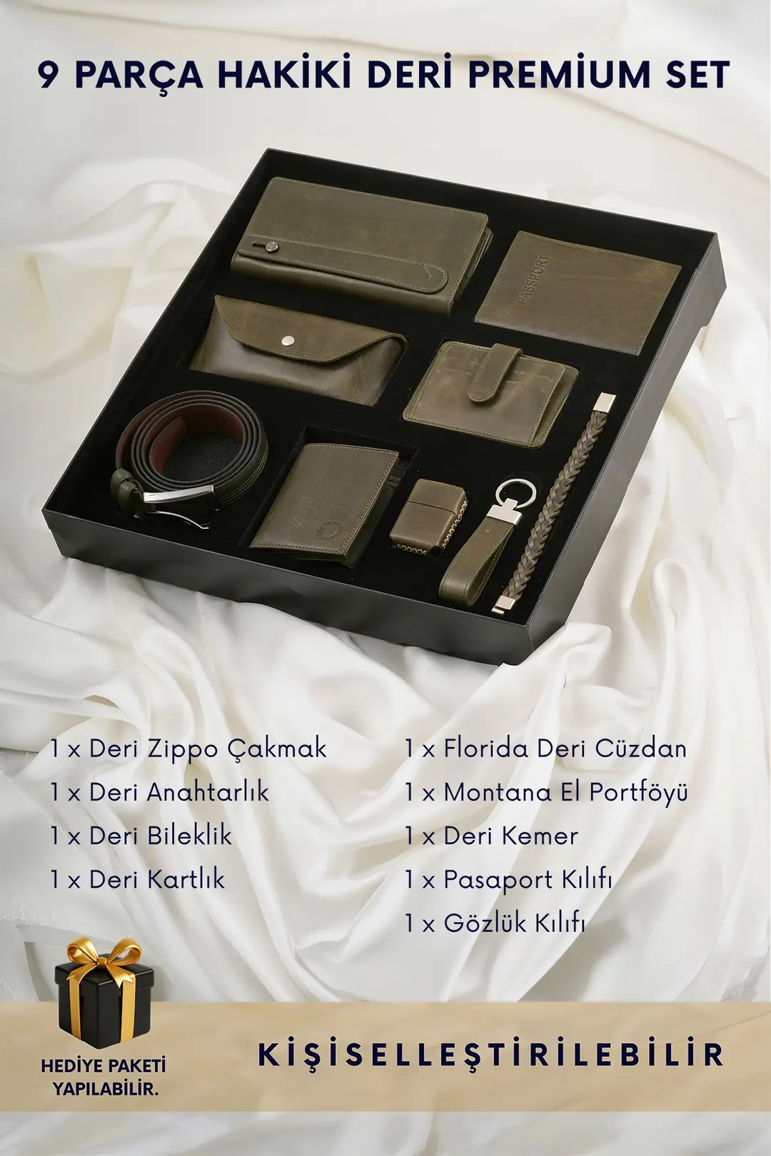 9 Parça Hakiki Yeşil Florida Premium Kişiye Özel Erkek Hediye Seti