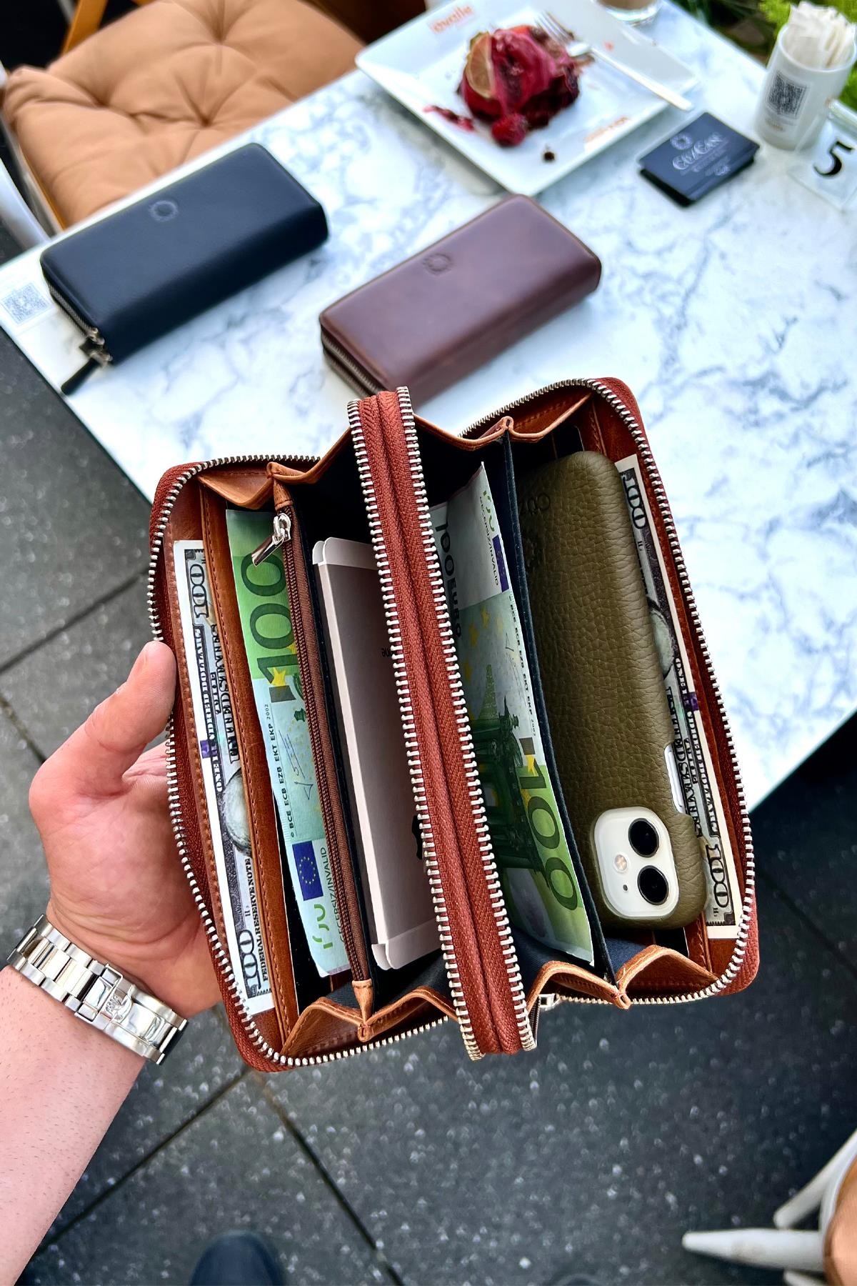 Tigan Antik Taba Çift Fermuarlı Hakiki Deri Telefon Cüzdanı El Çantası