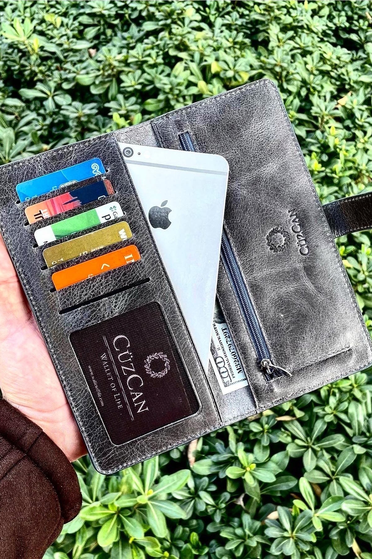 Creen Antrasit Gri Hakiki Deri Telefon Cüzdanı