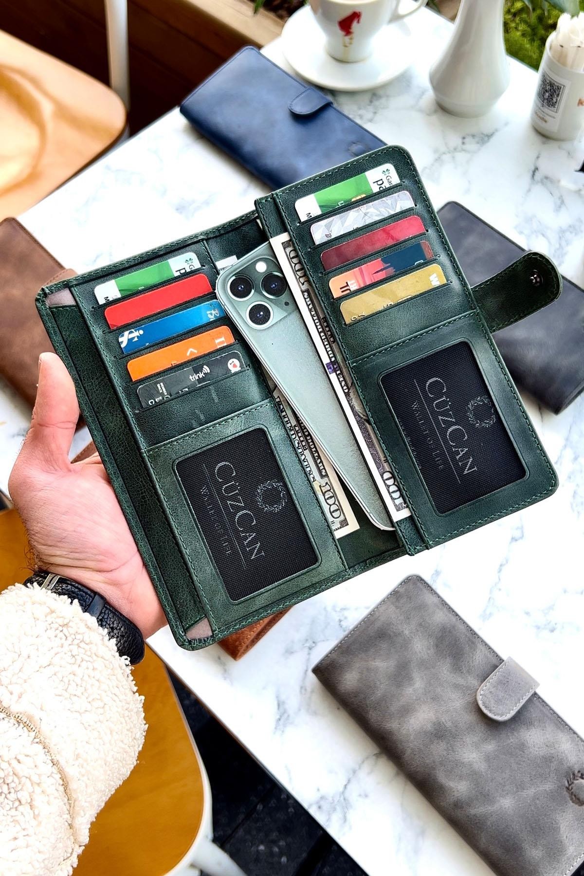 Lotus Vintage Yeşil Hakiki Deri Telefon Gözlü Cüzdan Unisex