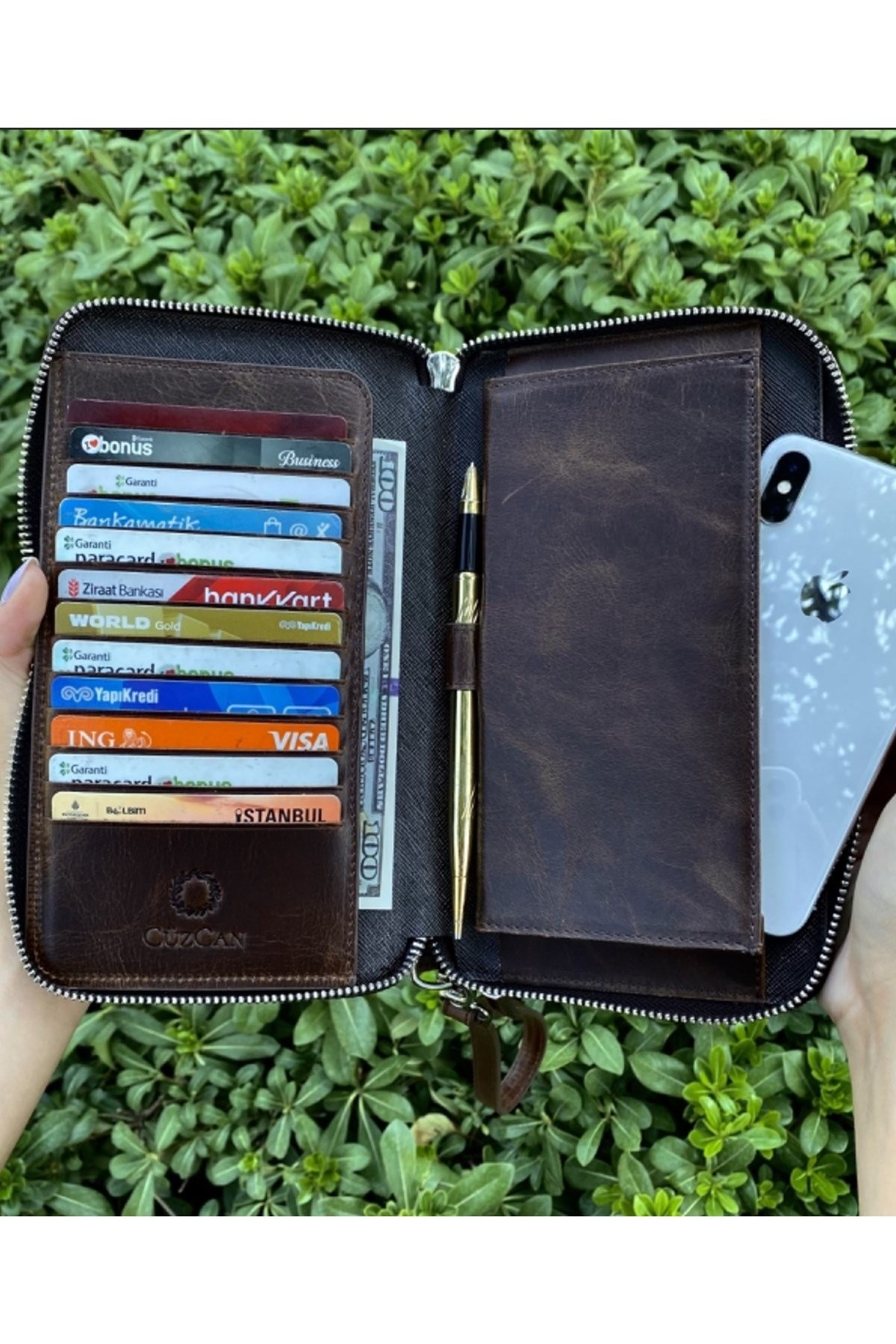 Unisex Antik Kahve Noti Telefon Cüzdanı El Çantası
