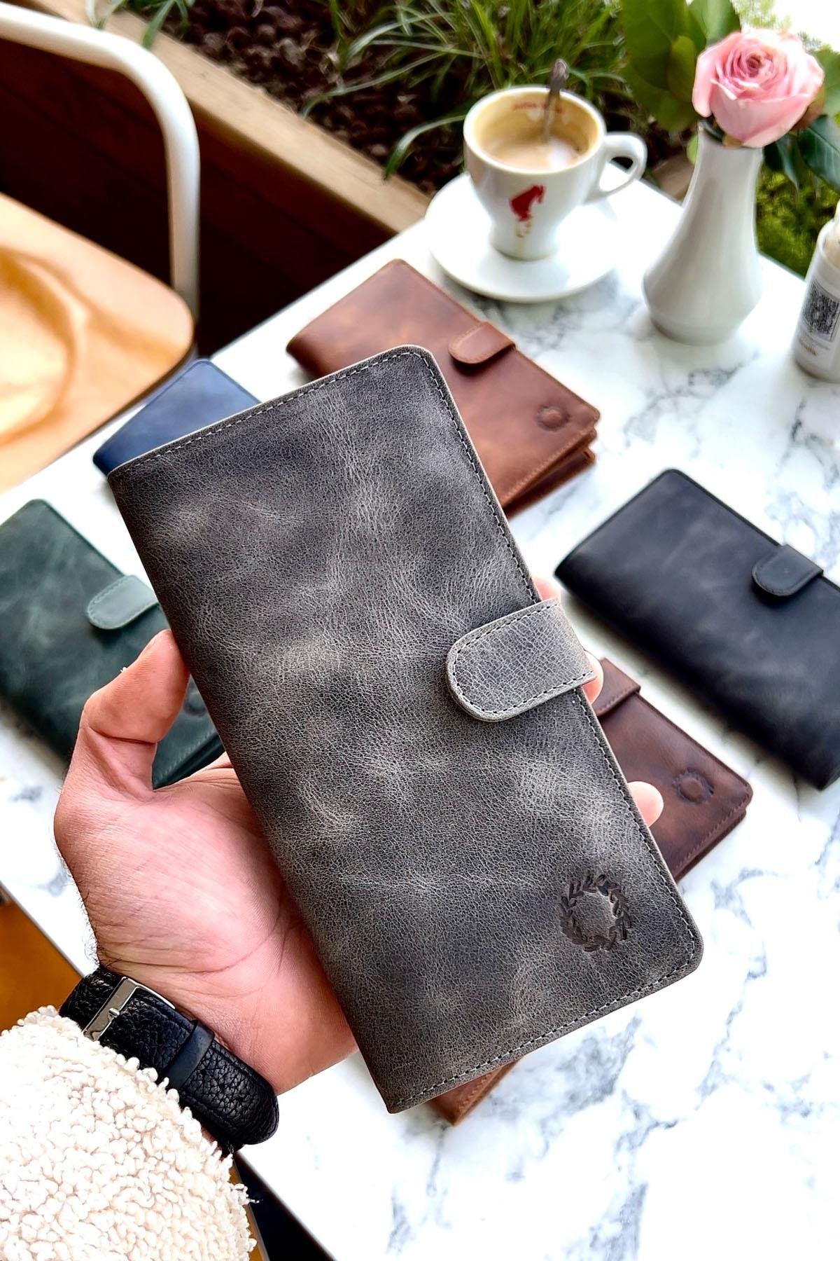 Lotus Vintage Gri Hakiki Deri Telefon Gözlü Cüzdan Unisex