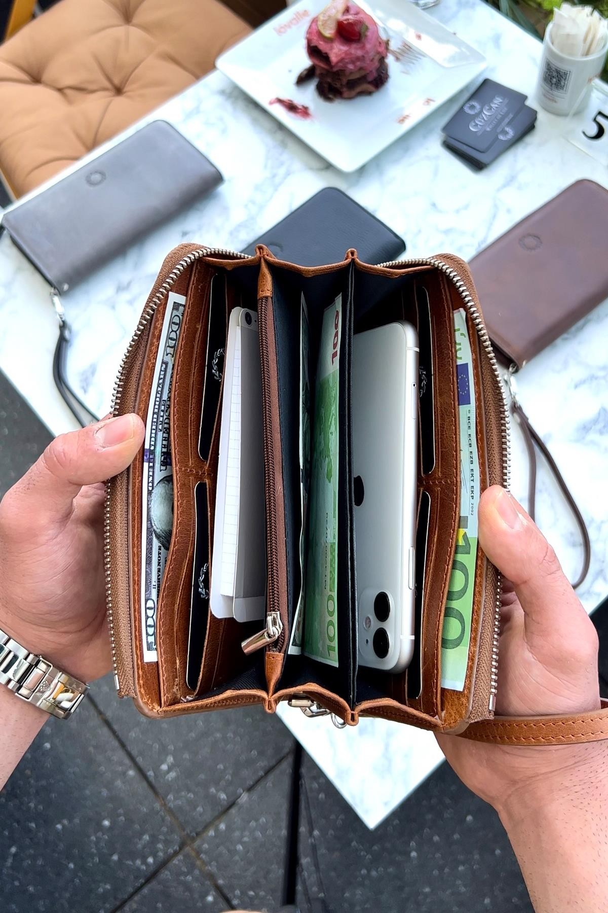 Swany Antik Taba Hakiki Deri Tek Fermuarlı Telefon Cüzdanı El Çantası