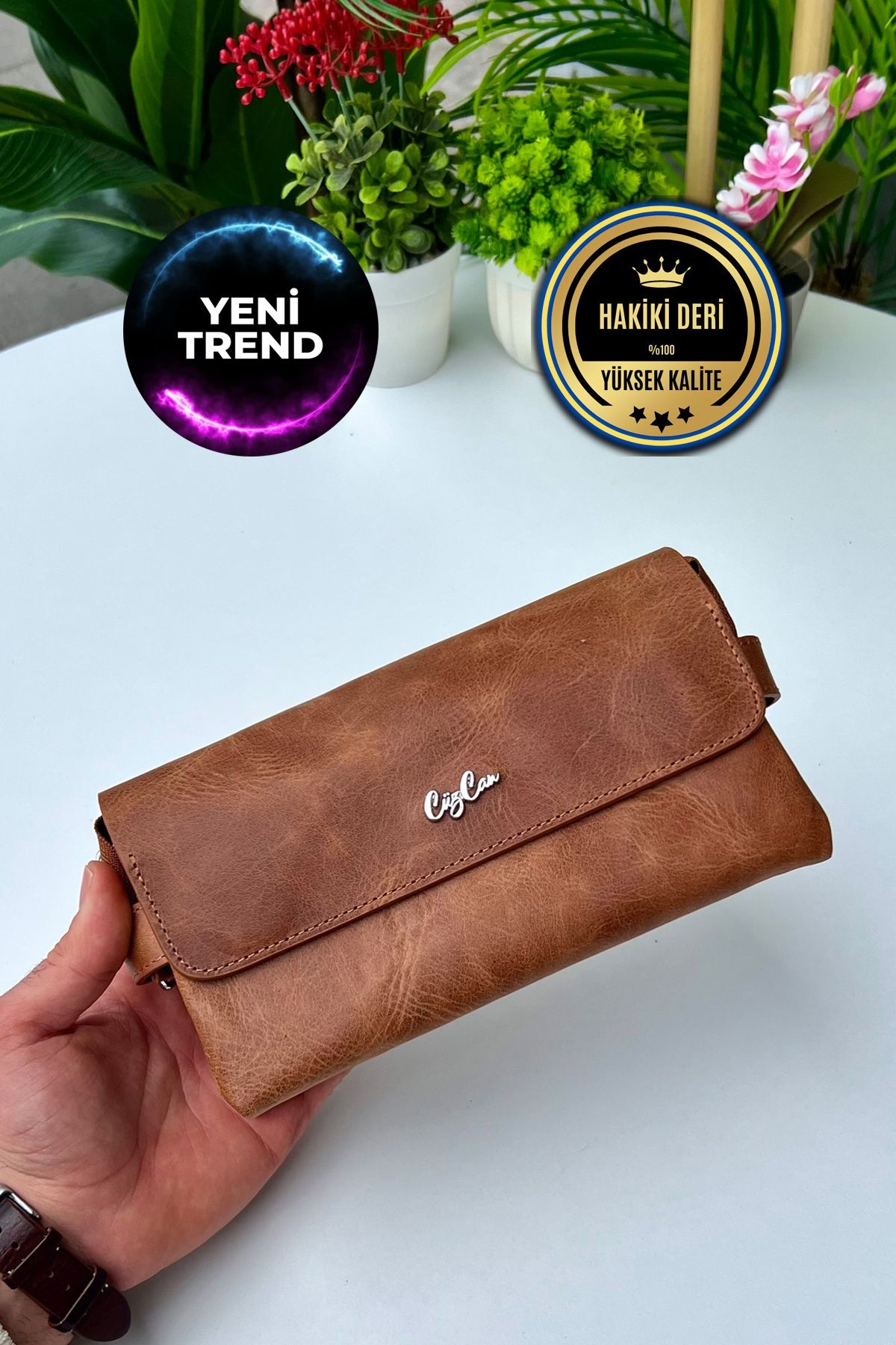 BOSS Hakiki Deri Mıknatıslı Erkek El Çantası - antik taba