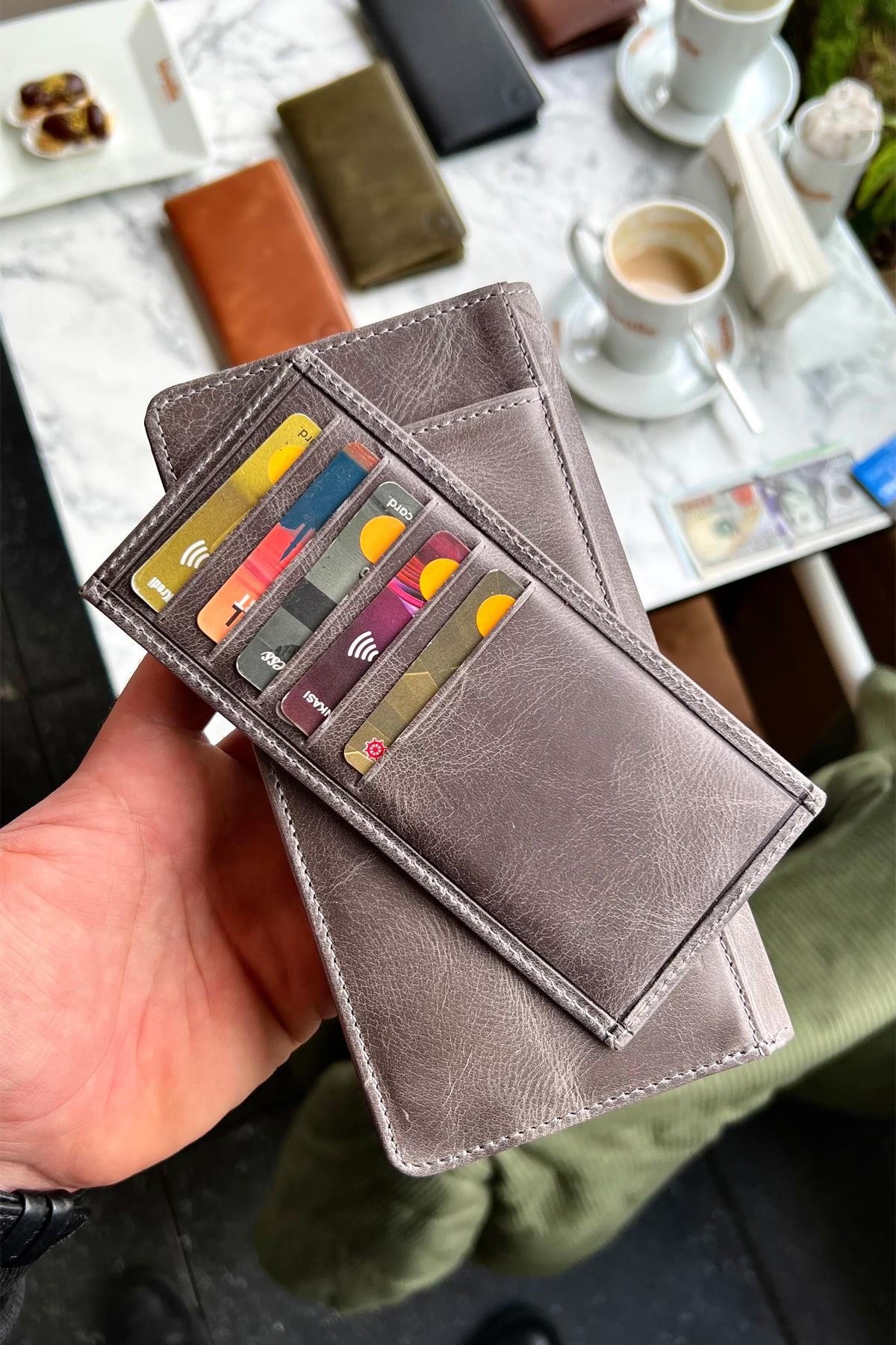 Piarde Antik Gri Hakiki Deri Kartlık Hediyeli Telefon Cüzdanı