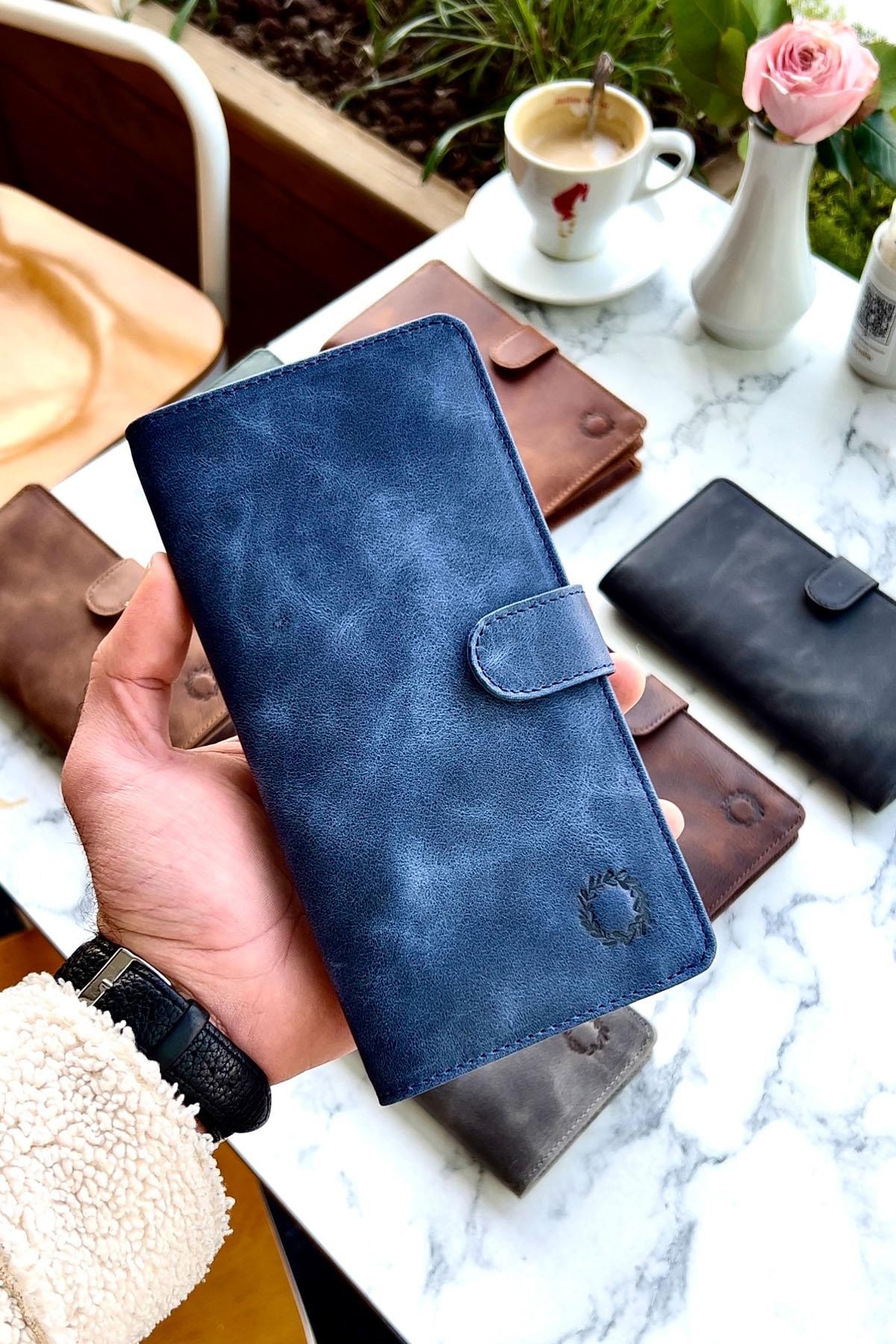 Lotus Vintage Lacivert Hakiki Deri Telefon Gözlü Cüzdan Unisex