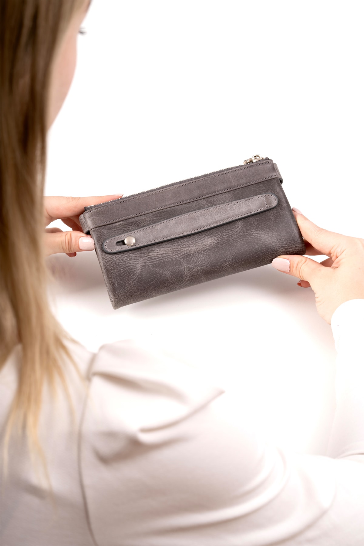Unisex Antrasit Gri Çift Fermuarlı Hakiki Deri El Cüzdanı