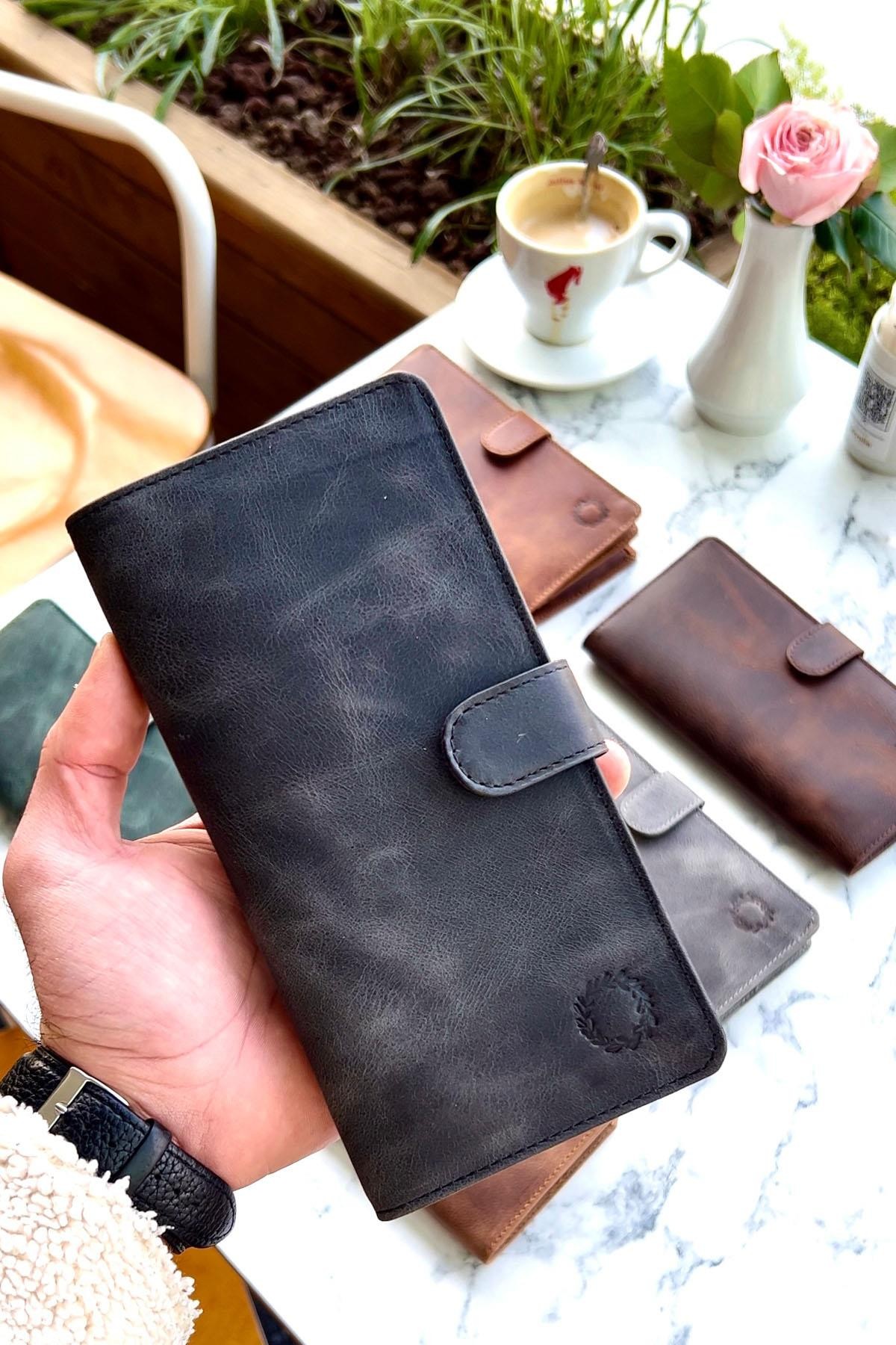 Lotus Vintage Siyah Hakiki Deri Telefon Gözlü Cüzdan Unisex