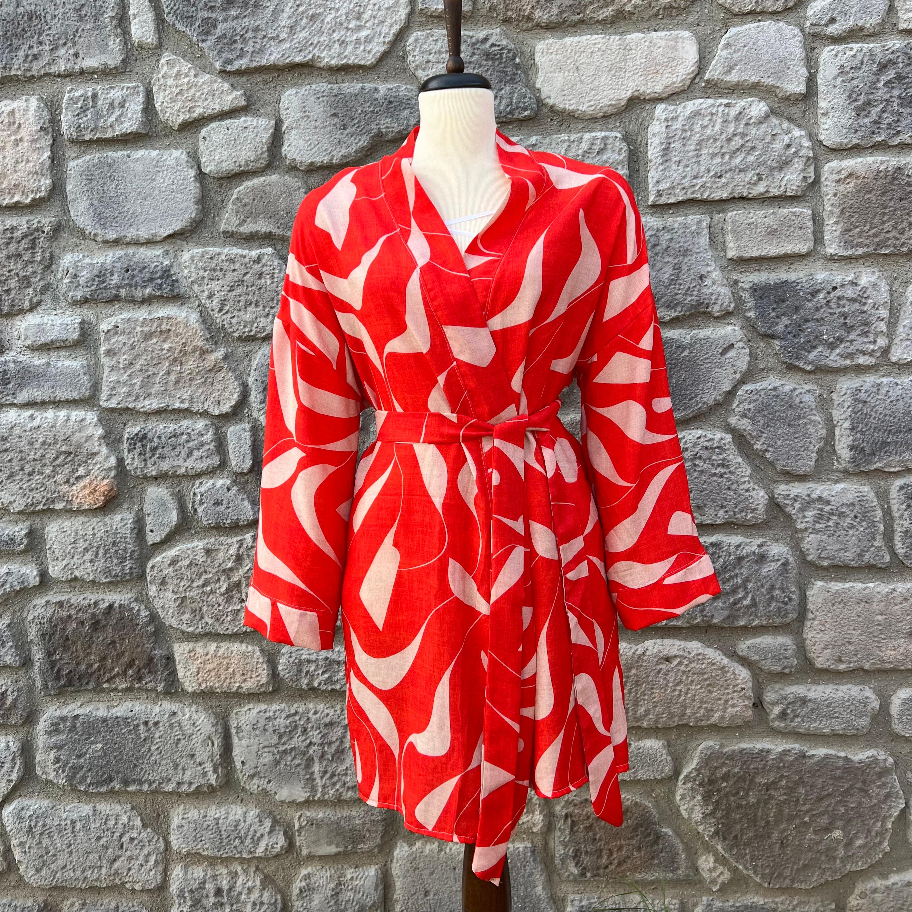 Kırmızı Yaprak Desenli Kimono