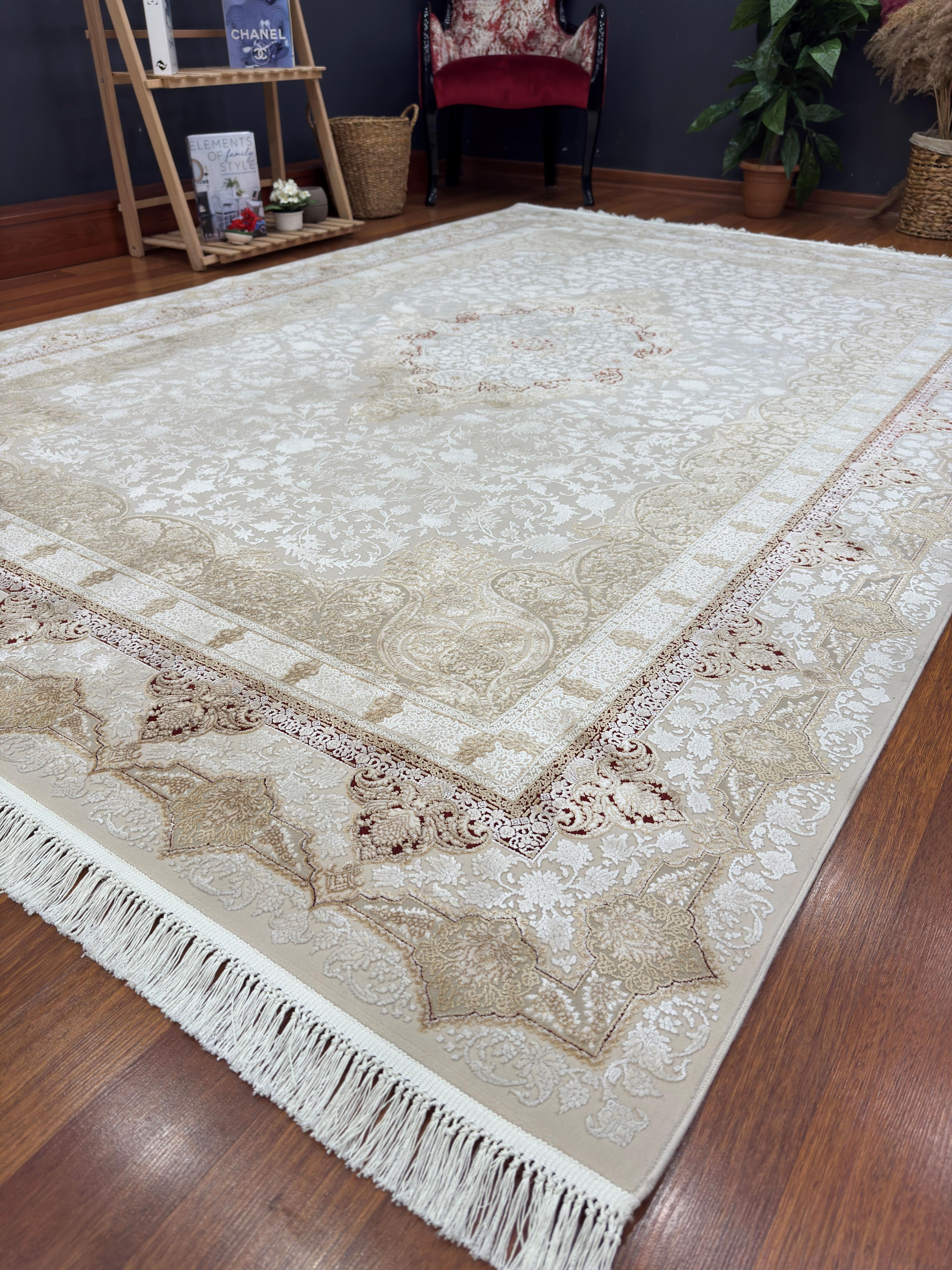EMİRGAN HALI NERGİS İPEK SERİSİ NRS 04 BORDO BEJ İPEKLİ SALON HALISI