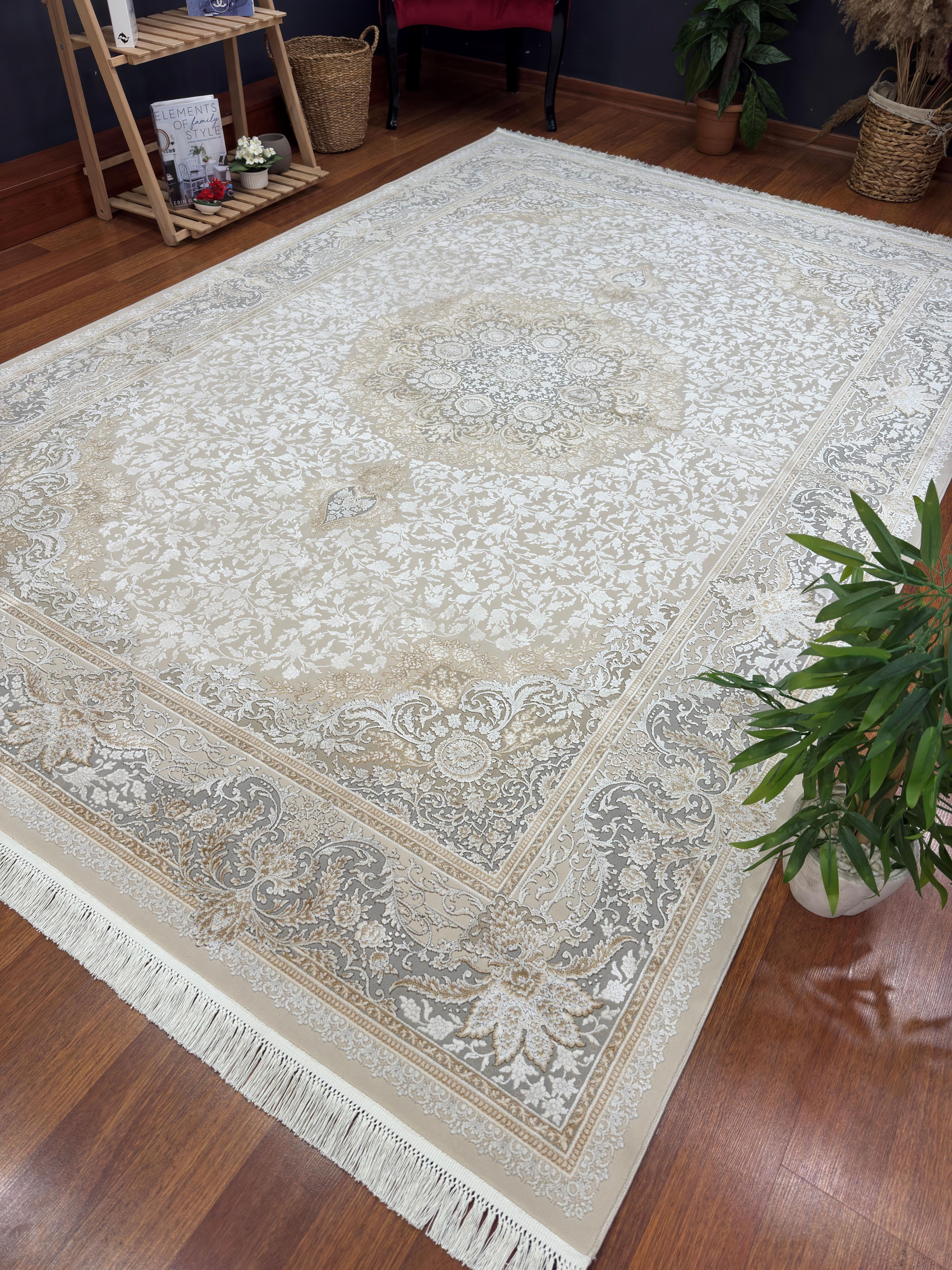 EMİRGAN HALI NERGİS İPEK SERİSİ NRS 01 GRİ BEJ İPEKLİ SALON HALISI