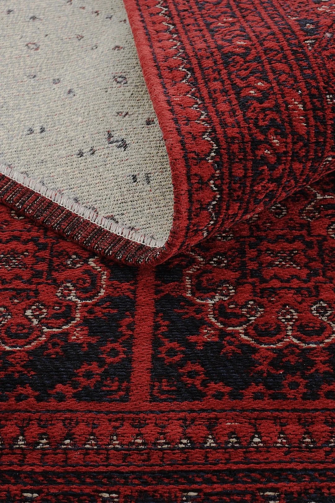 EMİRGAN HALI TÜRKMEN SERİSİ TR 11 KIRMIZI - KAYMAZ TABANLI YIKANABİLİR AFGAN DESENLİ MAKİNE HALISI