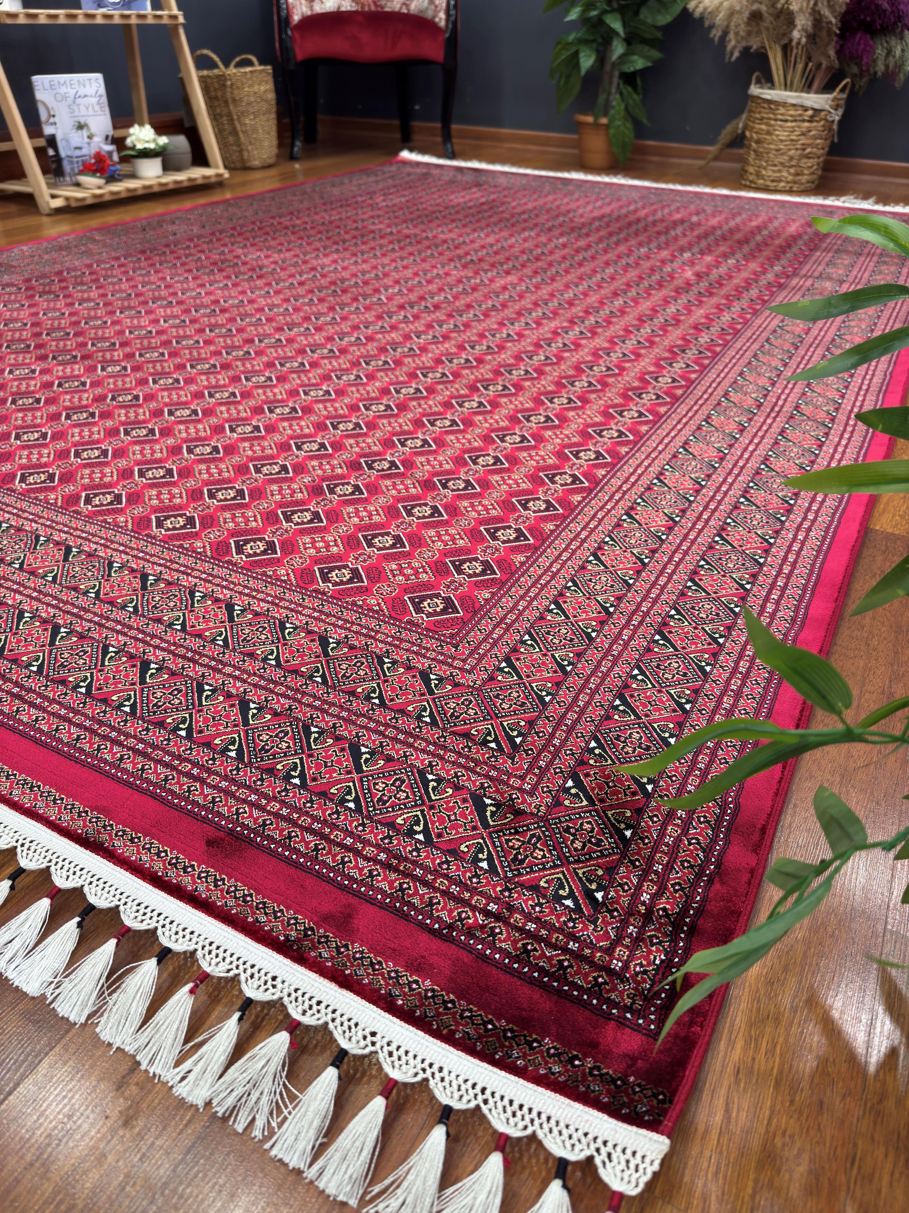 EMİRGAN HALI AFGAN İPEK SERİSİ AFK 03 BORDO LACİVERT AFGAN DESENLİ İPEKLİ SALON HALISI