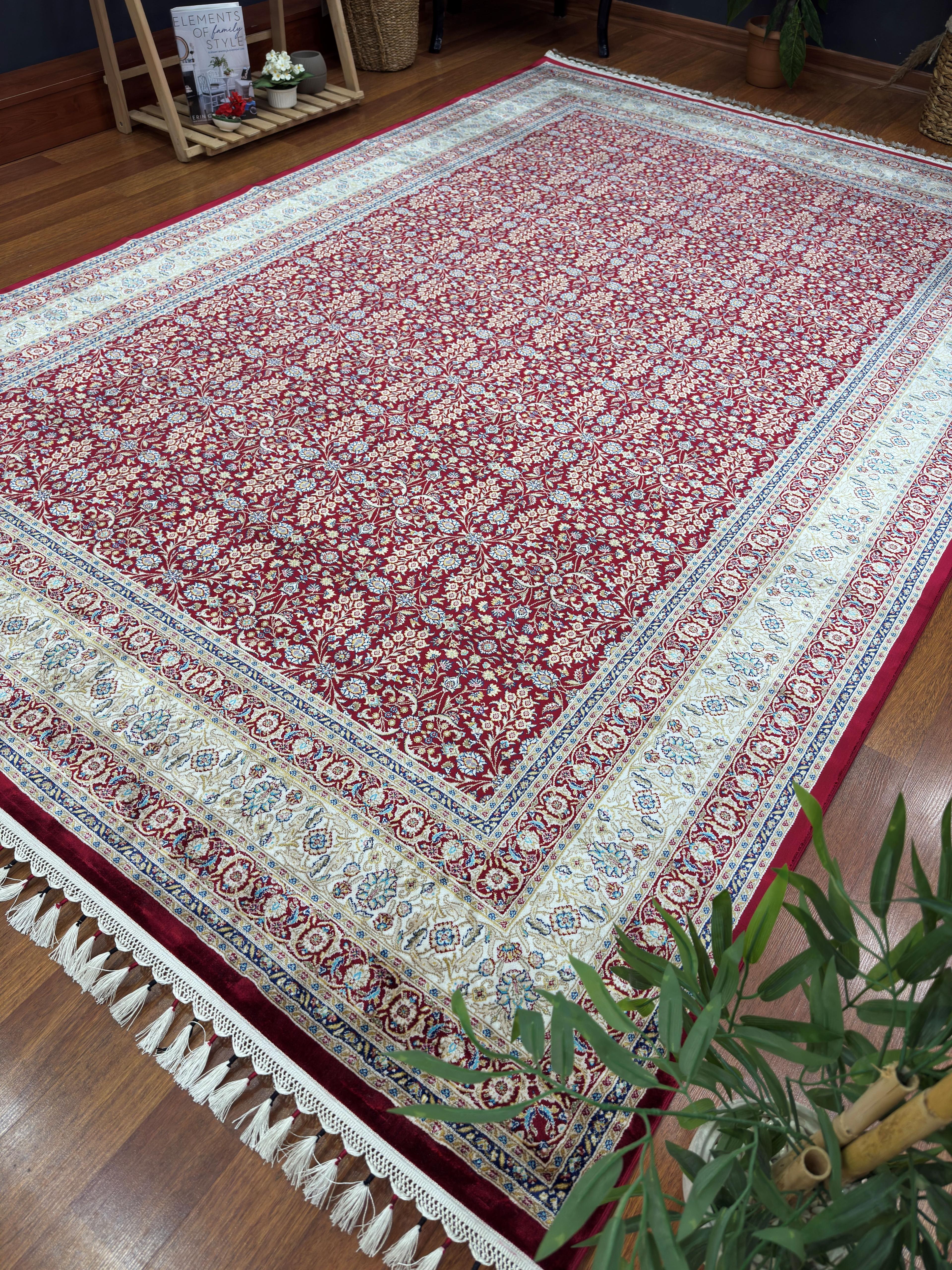 EMİRGAN HALI AFGAN İPEK SERİSİ AFK 04 KIRMIZI KREM HEREKE DESENLİ İPEKLİ SALON HALISI
