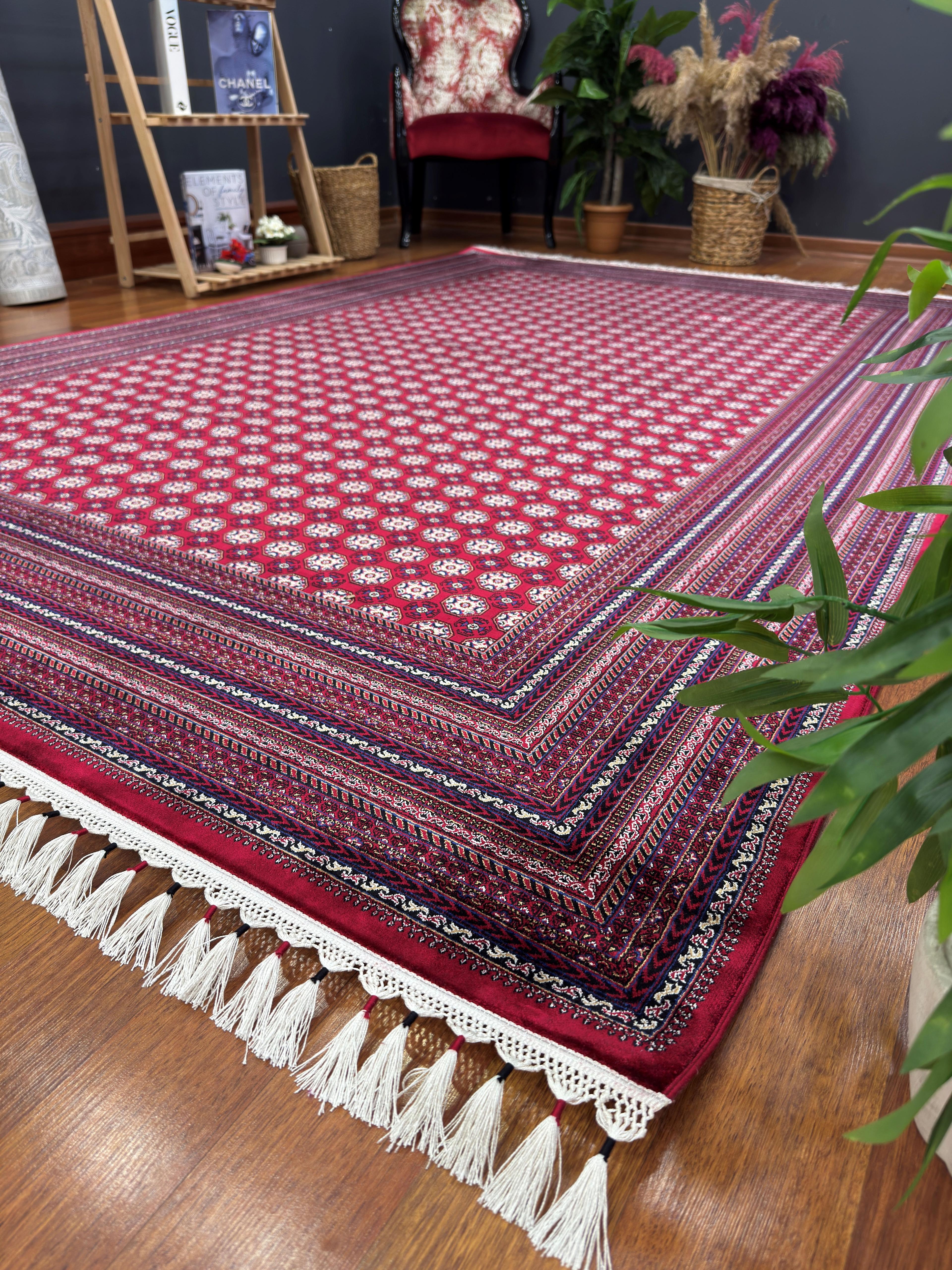 EMİRGAN HALI AFGAN İPEK SERİSİ AFK 05 BORDO LACİVERT AFGAN DESENLİ İPEKLİ SALON HALISI