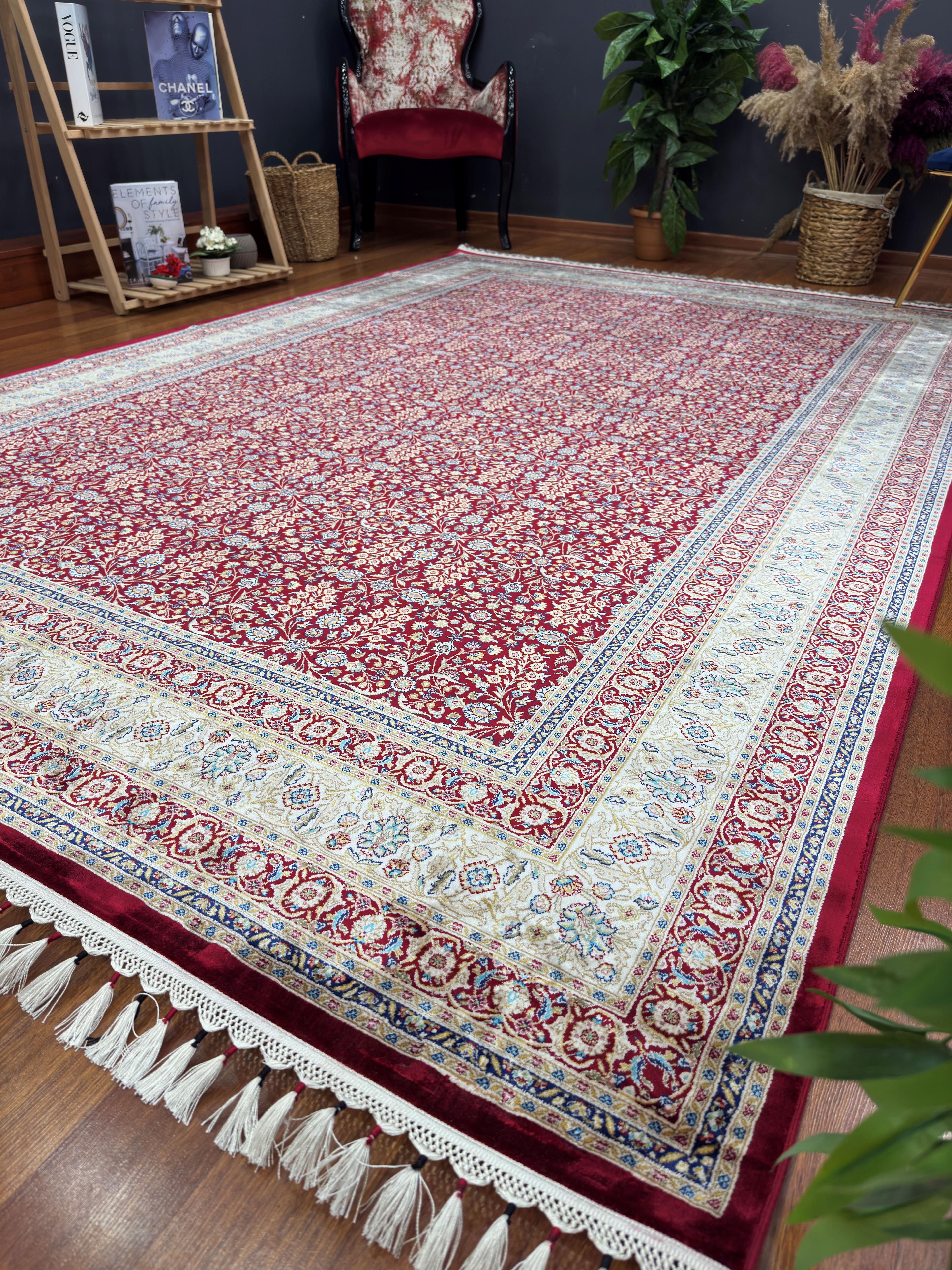 EMİRGAN HALI AFGAN İPEK SERİSİ AFK 04 KIRMIZI KREM HEREKE DESENLİ İPEKLİ SALON HALISI