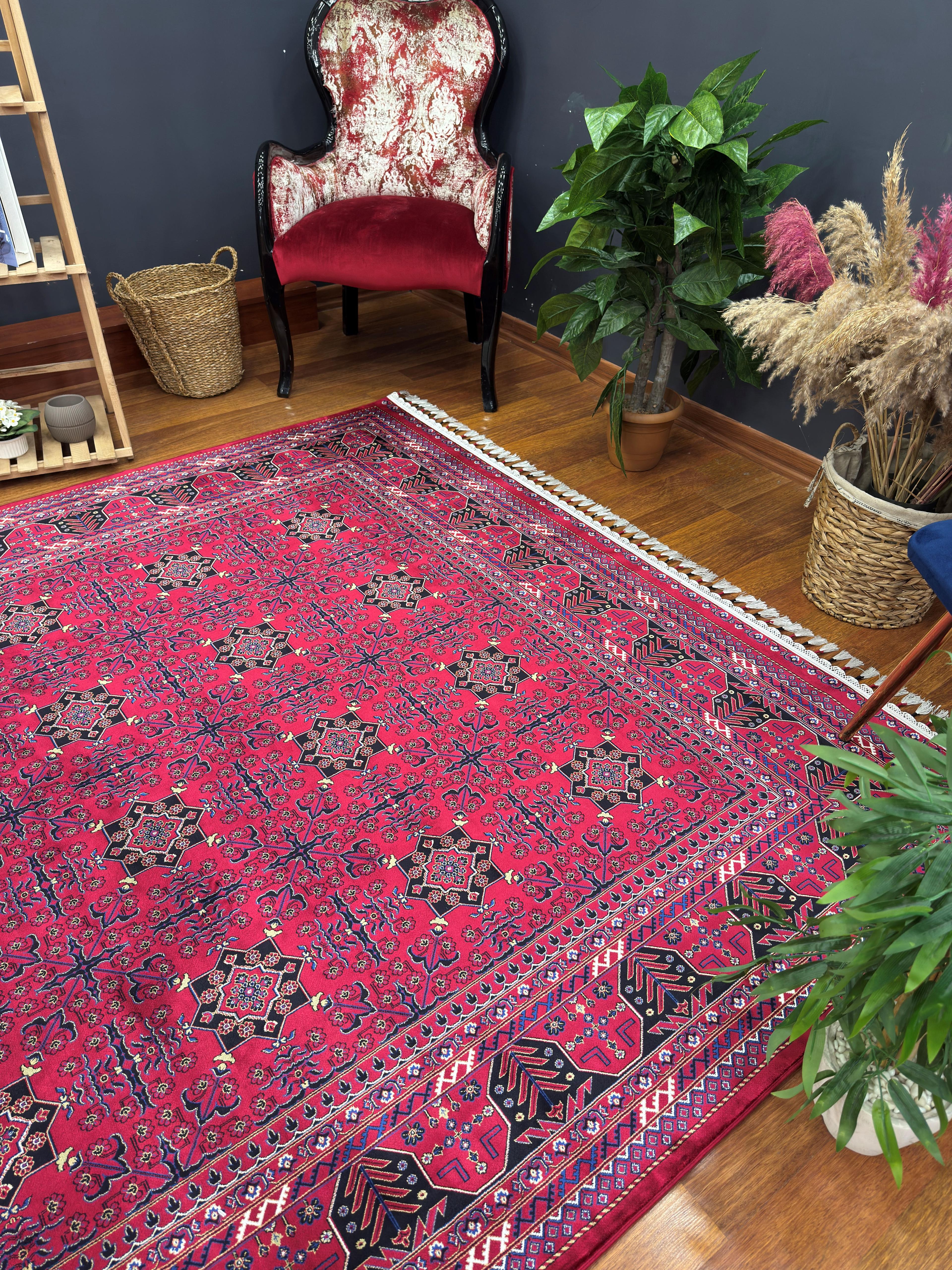 EMİRGAN HALI AFGAN İPEK SERİSİ AFK 01 BORDO LACİVERT AFGAN DESENLİ İPEKLİ SALON HALISI