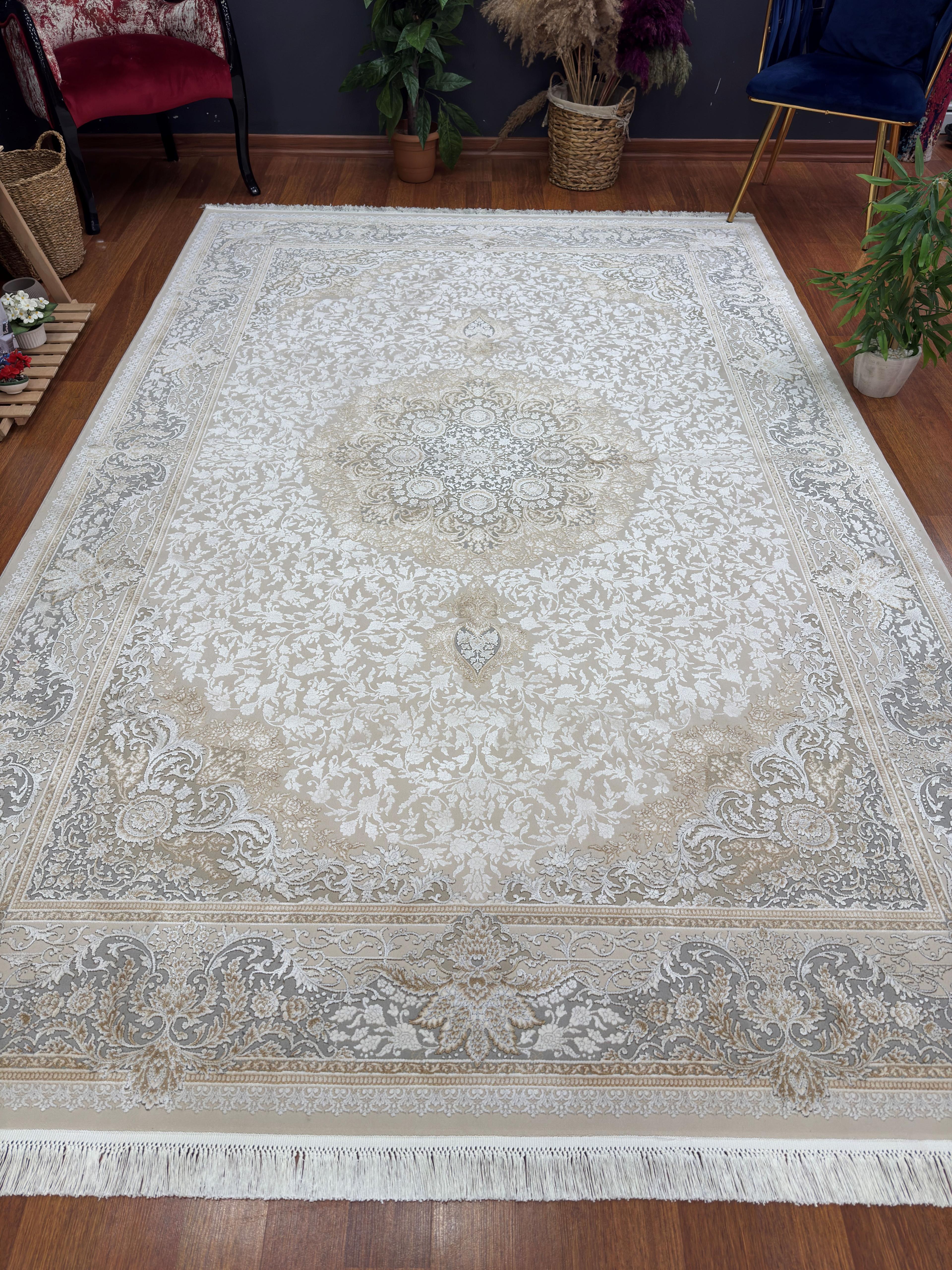 EMİRGAN HALI NERGİS İPEK SERİSİ NRS 01 GRİ BEJ İPEKLİ SALON HALISI
