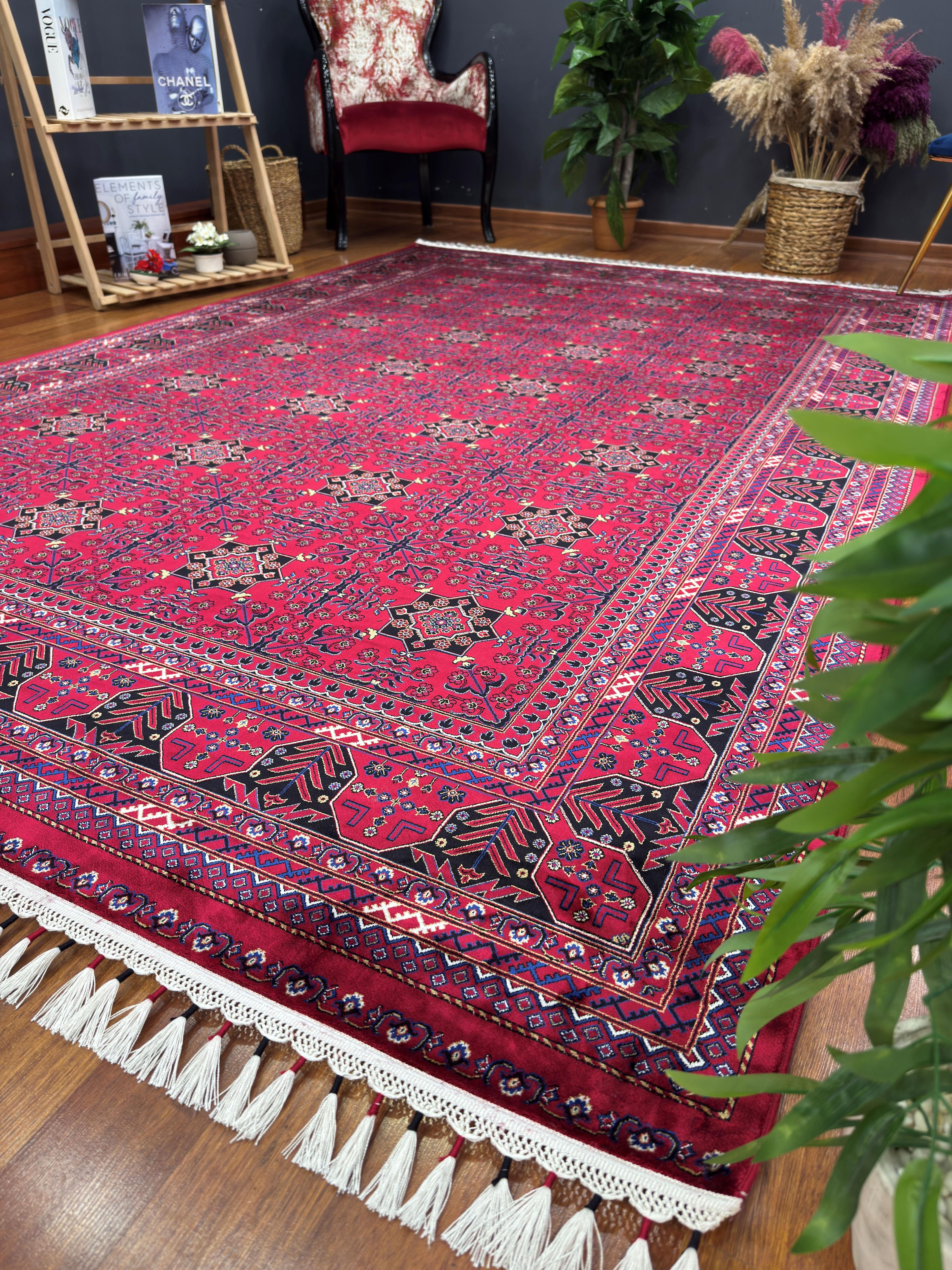 EMİRGAN HALI AFGAN İPEK SERİSİ AFK 01 BORDO LACİVERT AFGAN DESENLİ İPEKLİ SALON HALISI