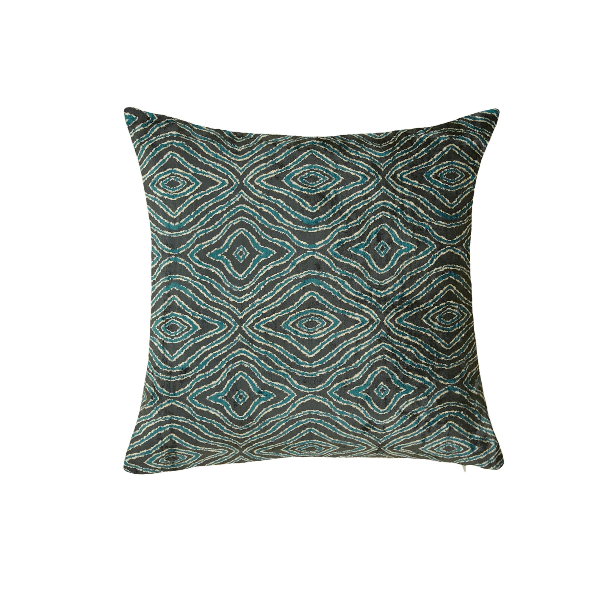 İkat Rombus Dekoratif Kadife Kırlent Kılıfı - Mavi-Antrasit