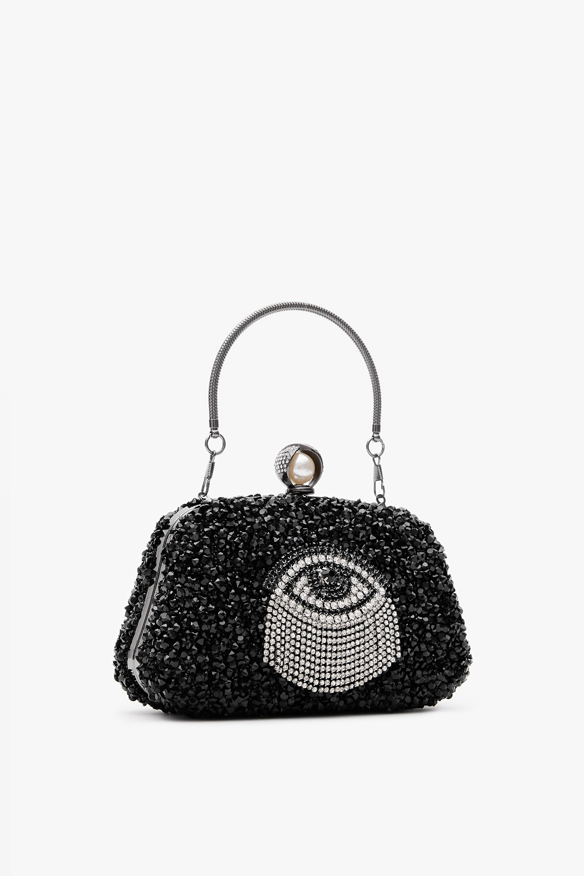 Pearl Embellished Hand and Shoulder Strap Evening Bag Eileen - Black Silver