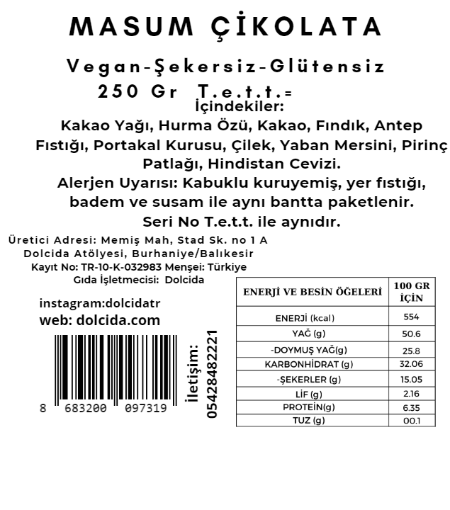 25’li Masum Çikolata Kutusu (Şeker İlavesiz- Vegan- Glütensiz)