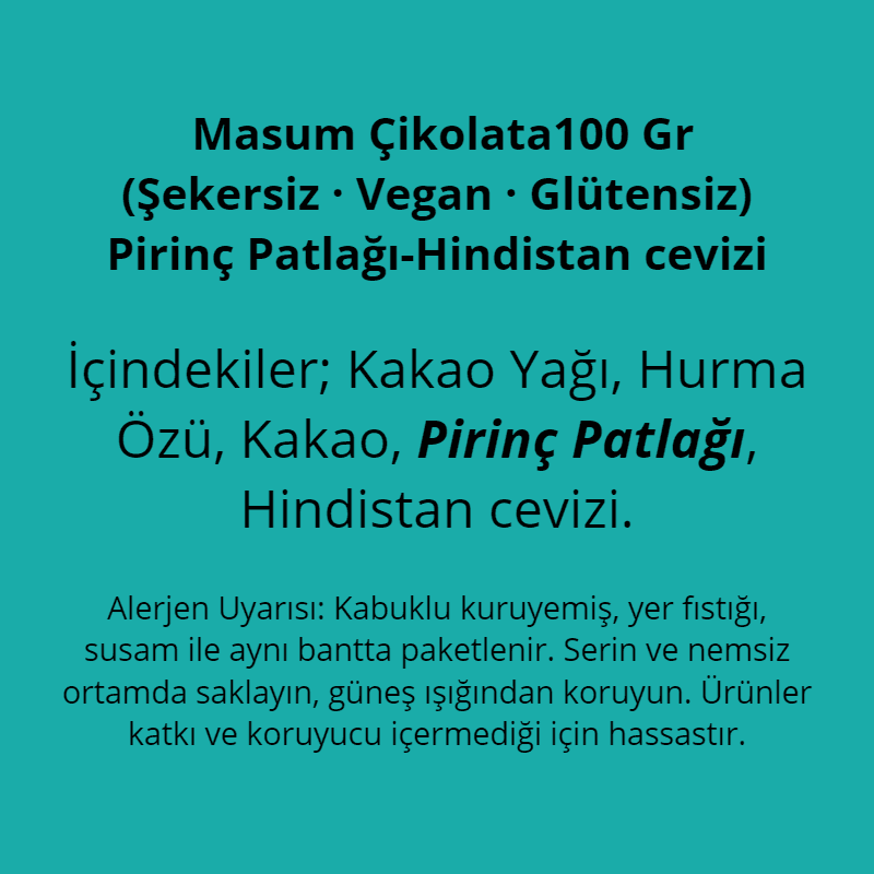 Pirinç Patlaklı Masum Çikolata (Vegan-Şekersiz-Glütensiz)