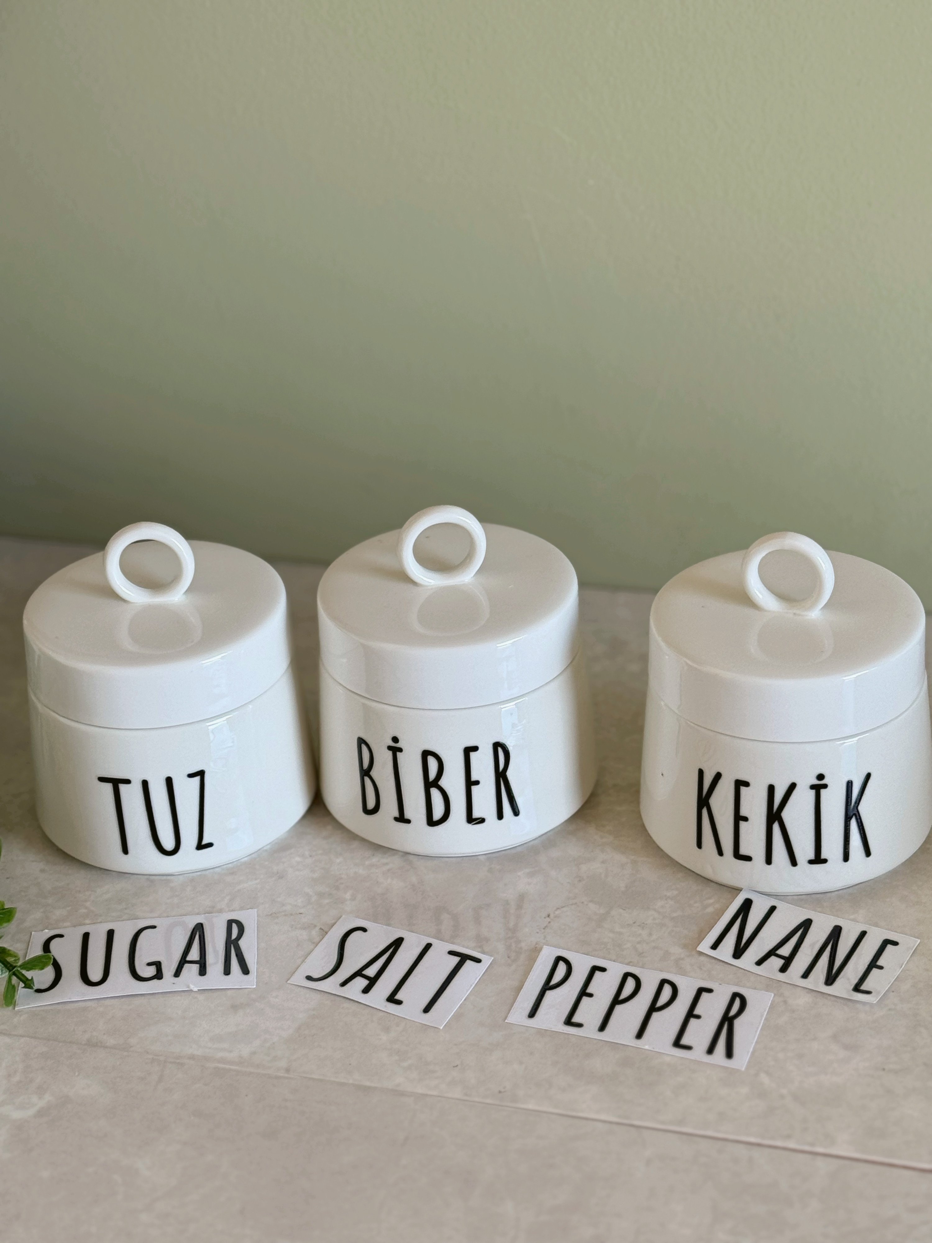 3'lü Porselen Salt-Pepper-Sugar Kulplu Baharatlık Seti