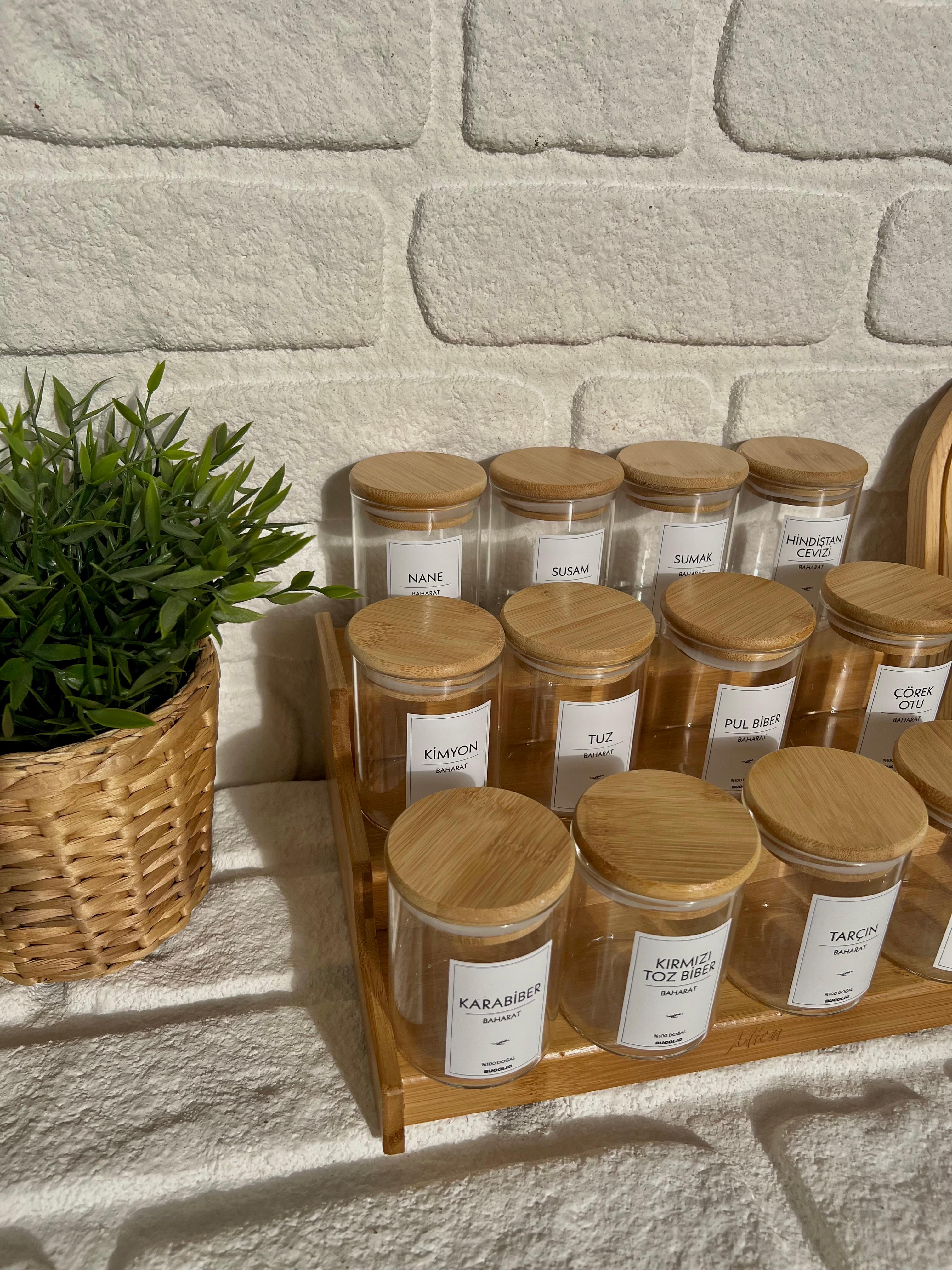 Bambu Standlı 12'li Bambu Kapaklı Cam Baharatlık Seti
