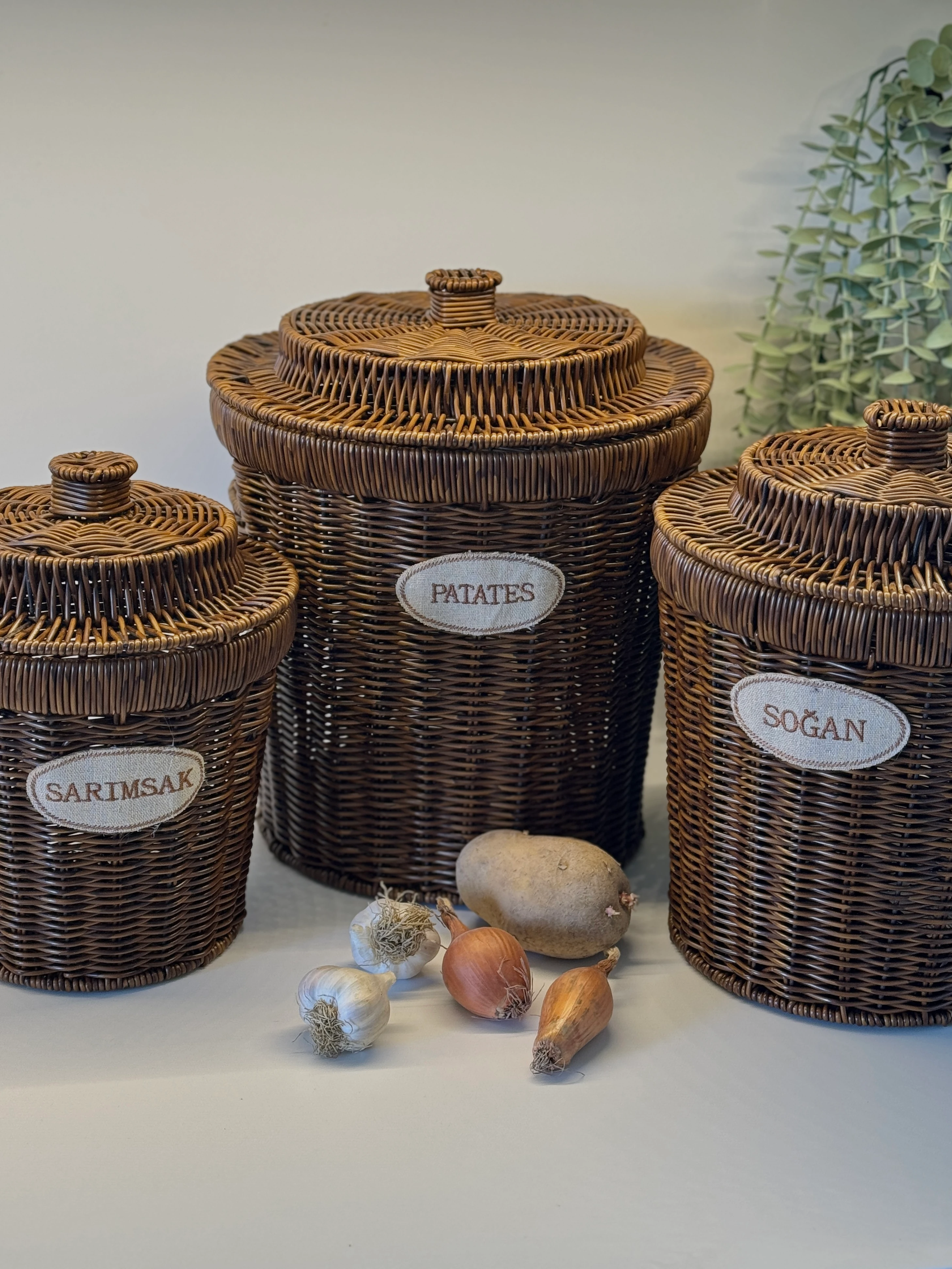 3’lü Rustik Rattan Saklama Sepeti Seti 