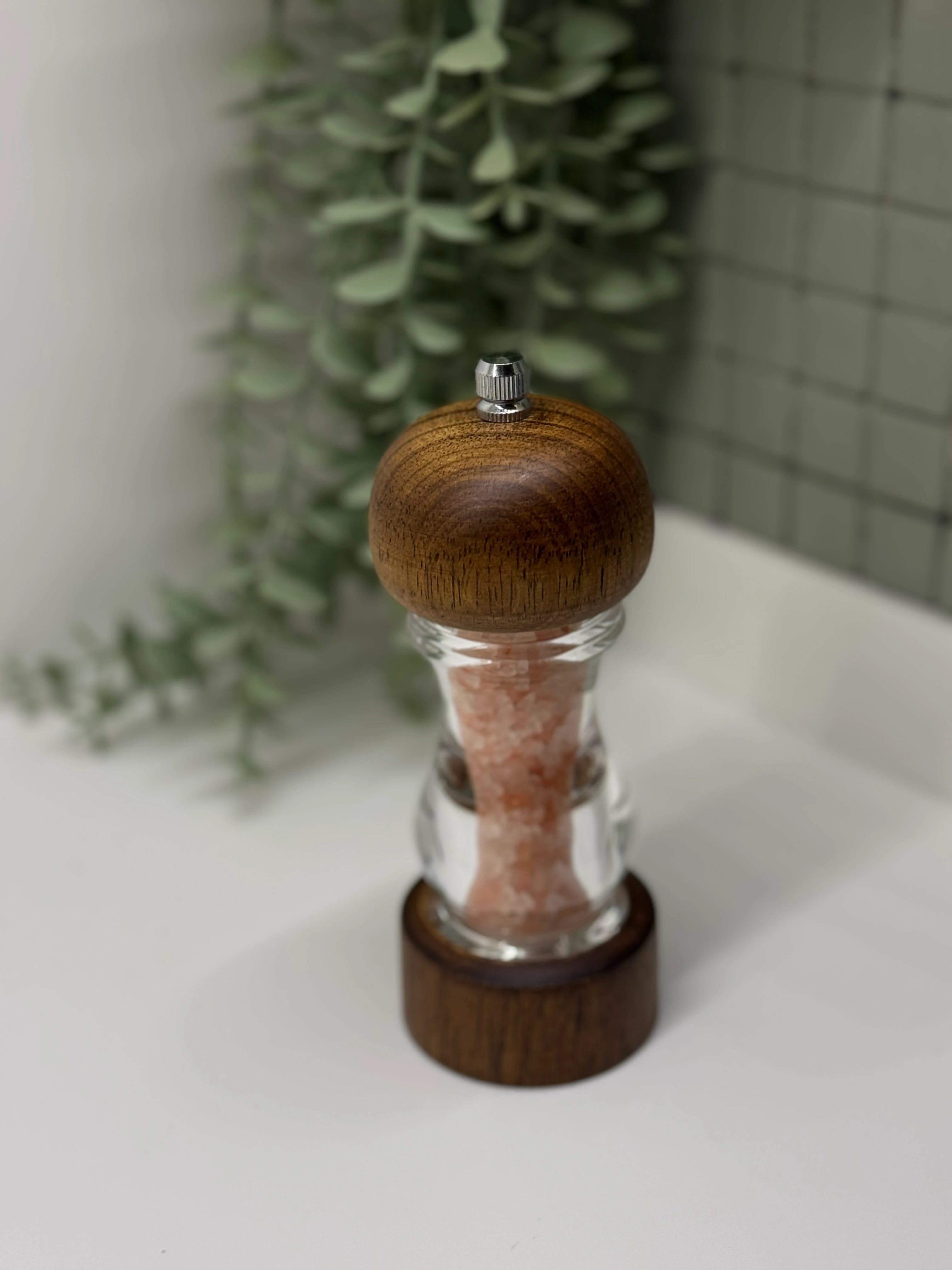 Rustik Koyu Ahşap Cam Gövdeli Sofra Tuzluk Biberlik Baharat Değirmeni